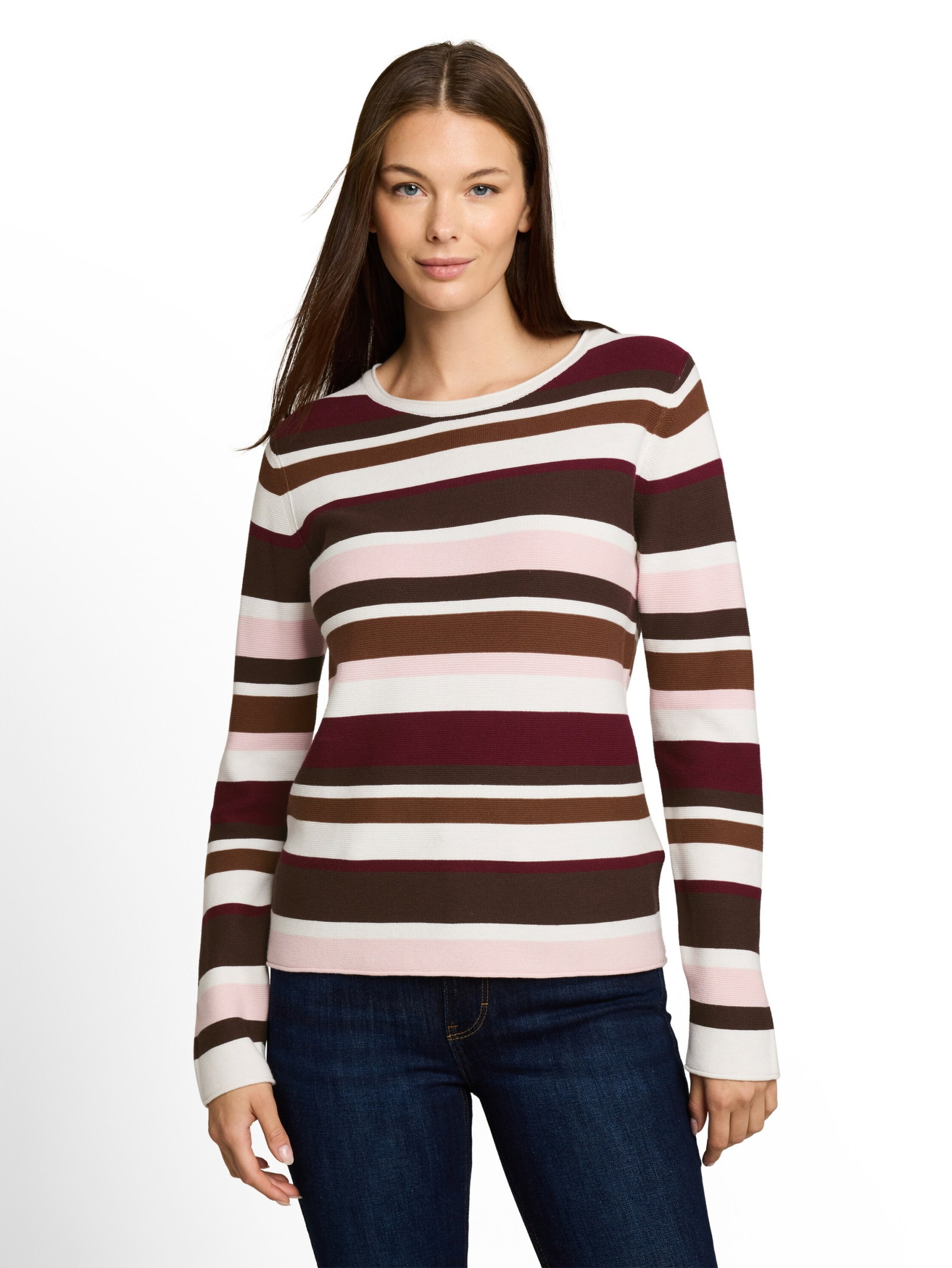 knit structure crewneck, camel brown red stripe #10