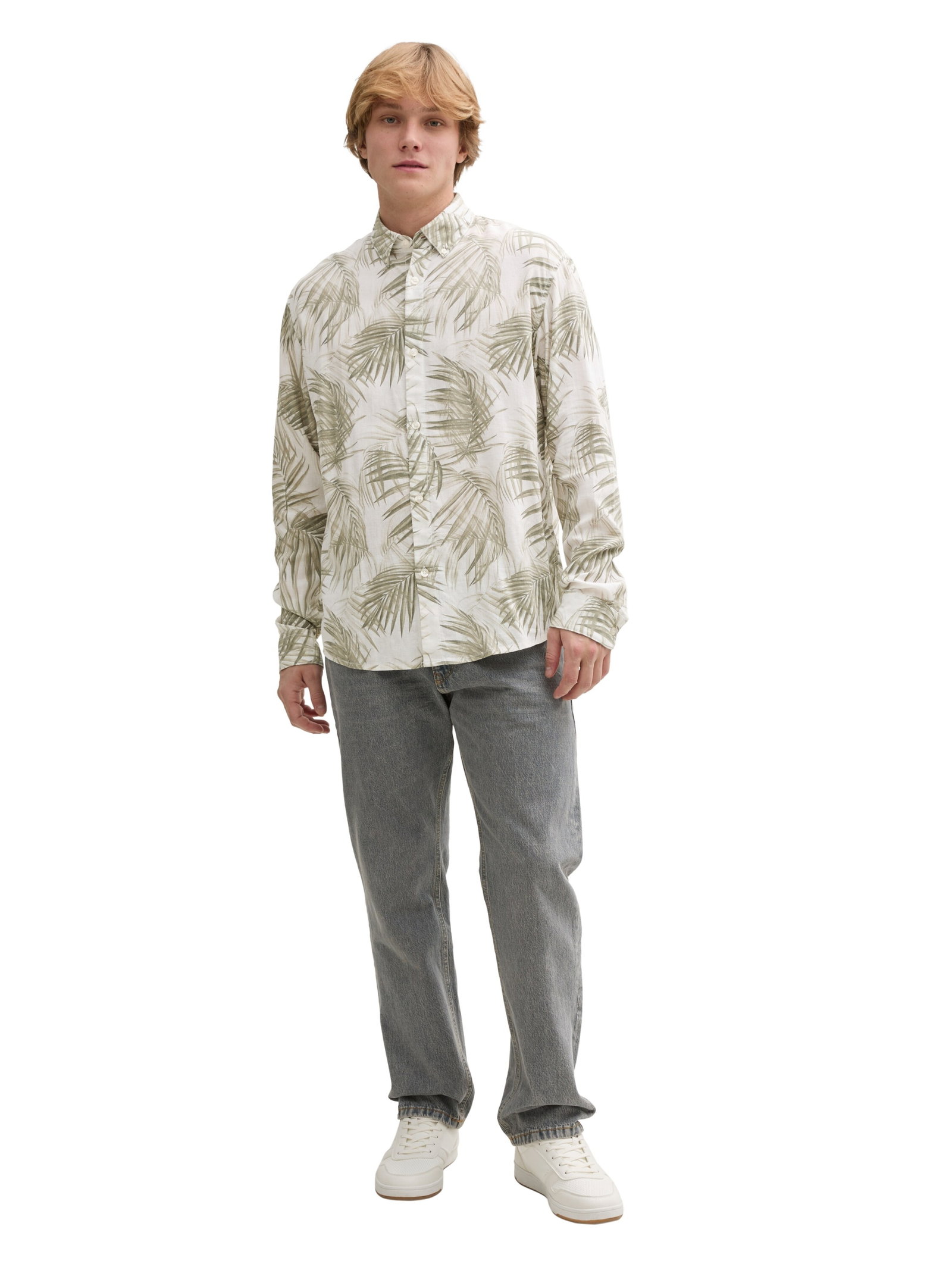 relaxed viscose linen shirt, white green watery palm print #3
