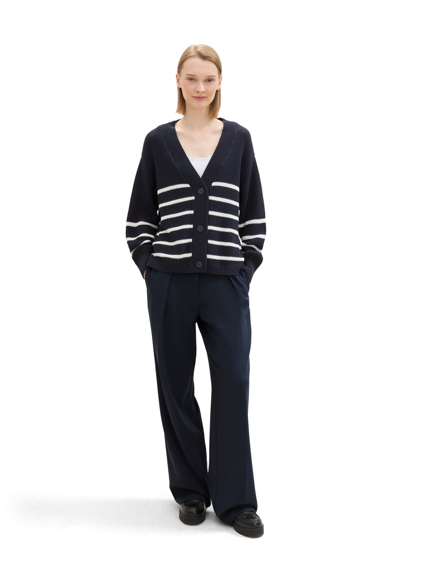 v-neck cardigan, placed navy white stripe #3