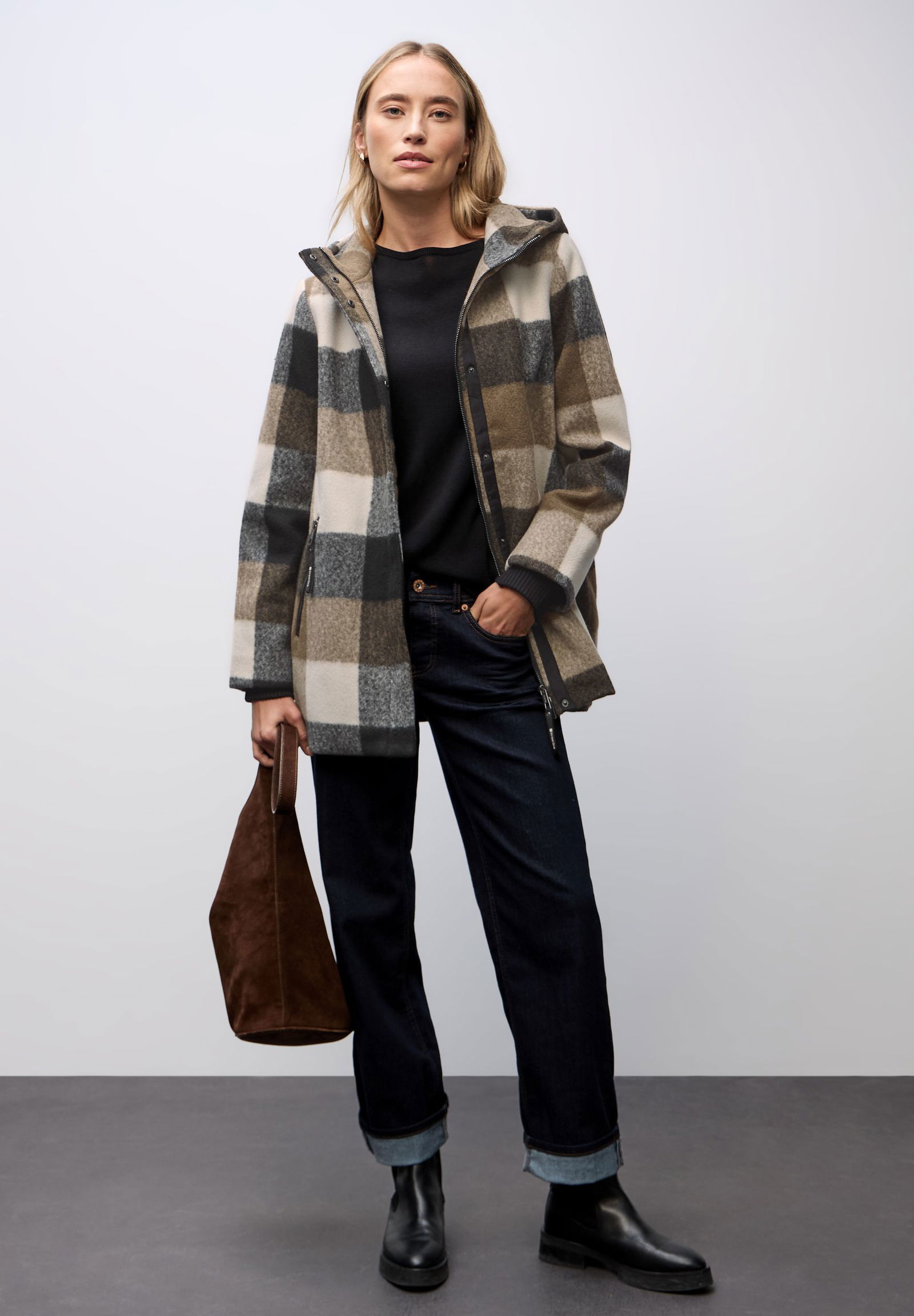 |  Check Coat w. Hoody, Black | 36 | black