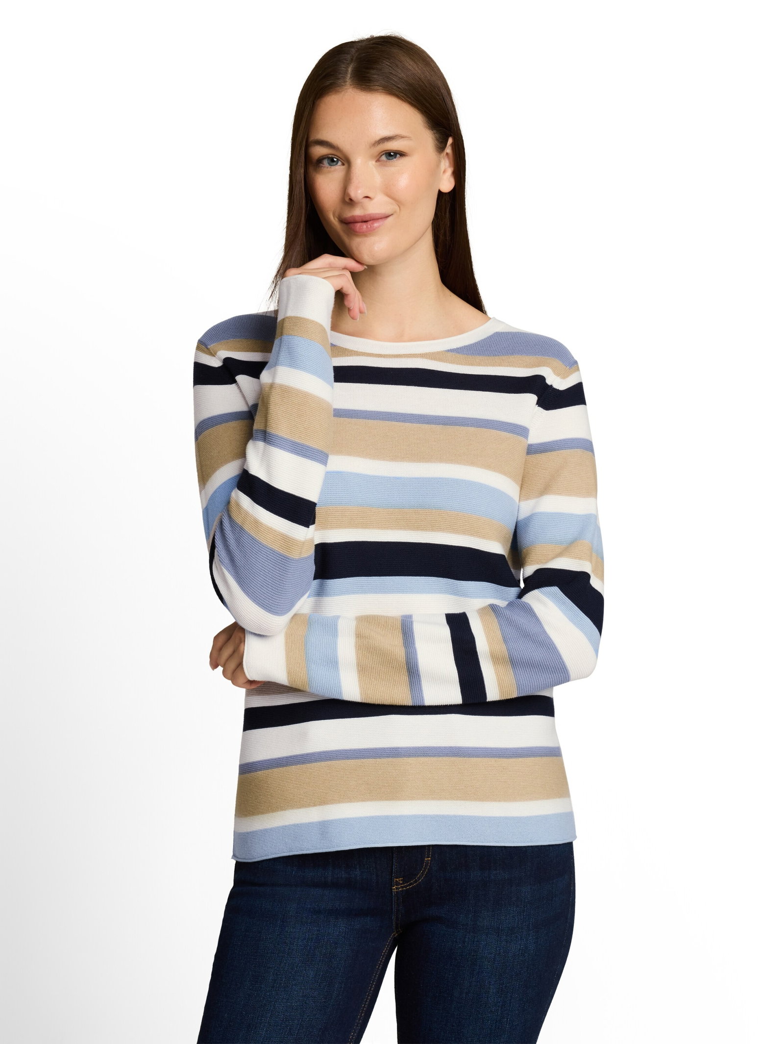 knit structure crewneck, navy blue beige stripe #5