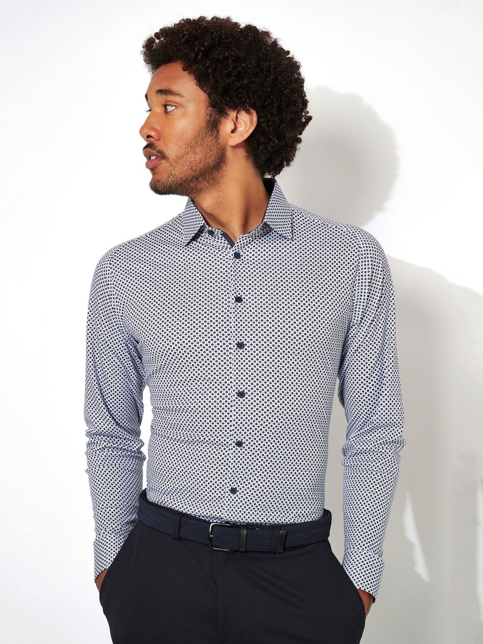 white with red and blue dots