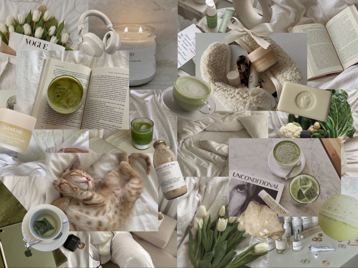 Collage aus Matcha Latte, Büchern, Blumen, Beauty-Produkten und entspanntem Lifestyle im Clean Girl Aesthetic mit natürlichen Grüntönen und gemütlicher Atmosphäre.