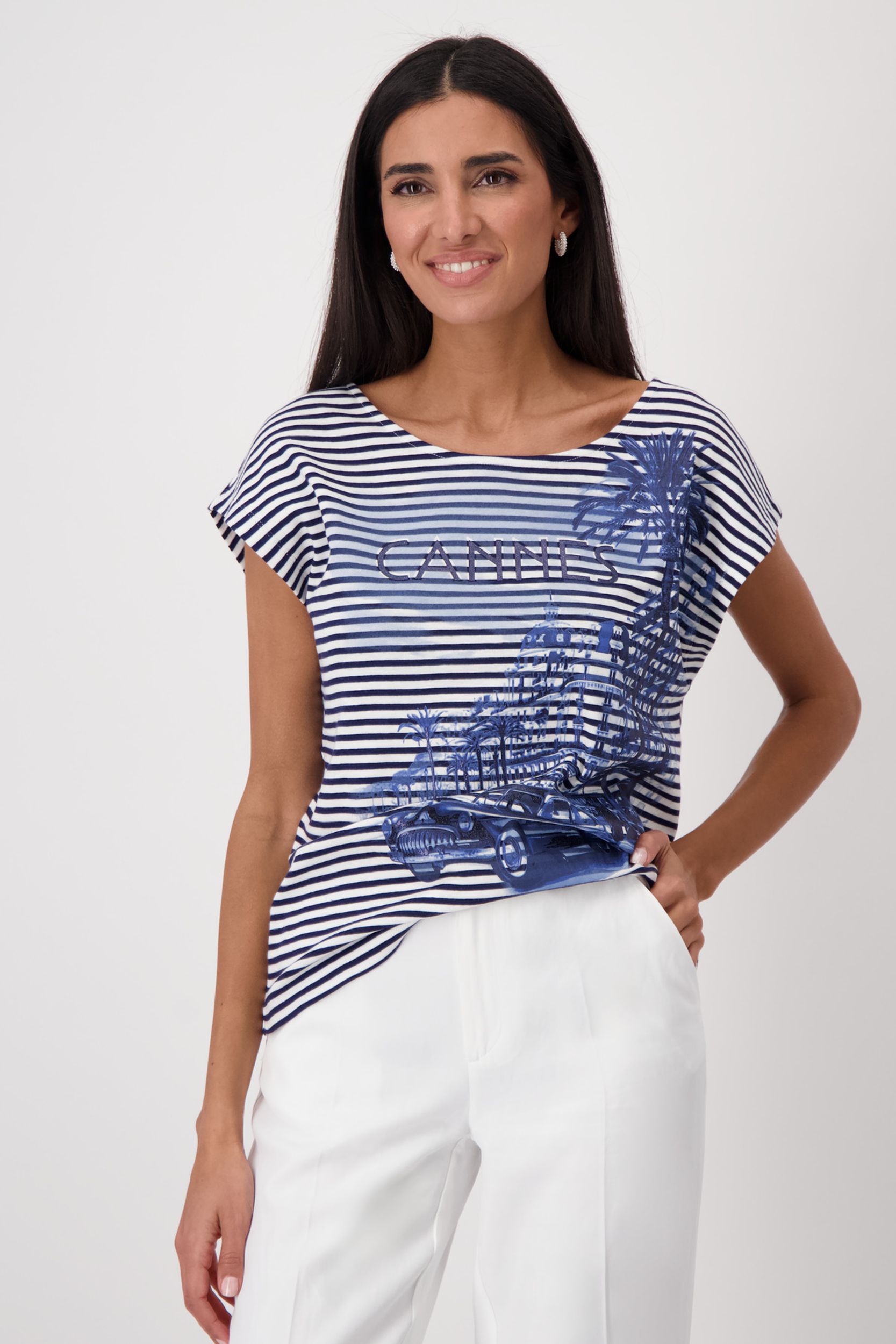 Monari |  T-Shirt, navy blue ringel | 40