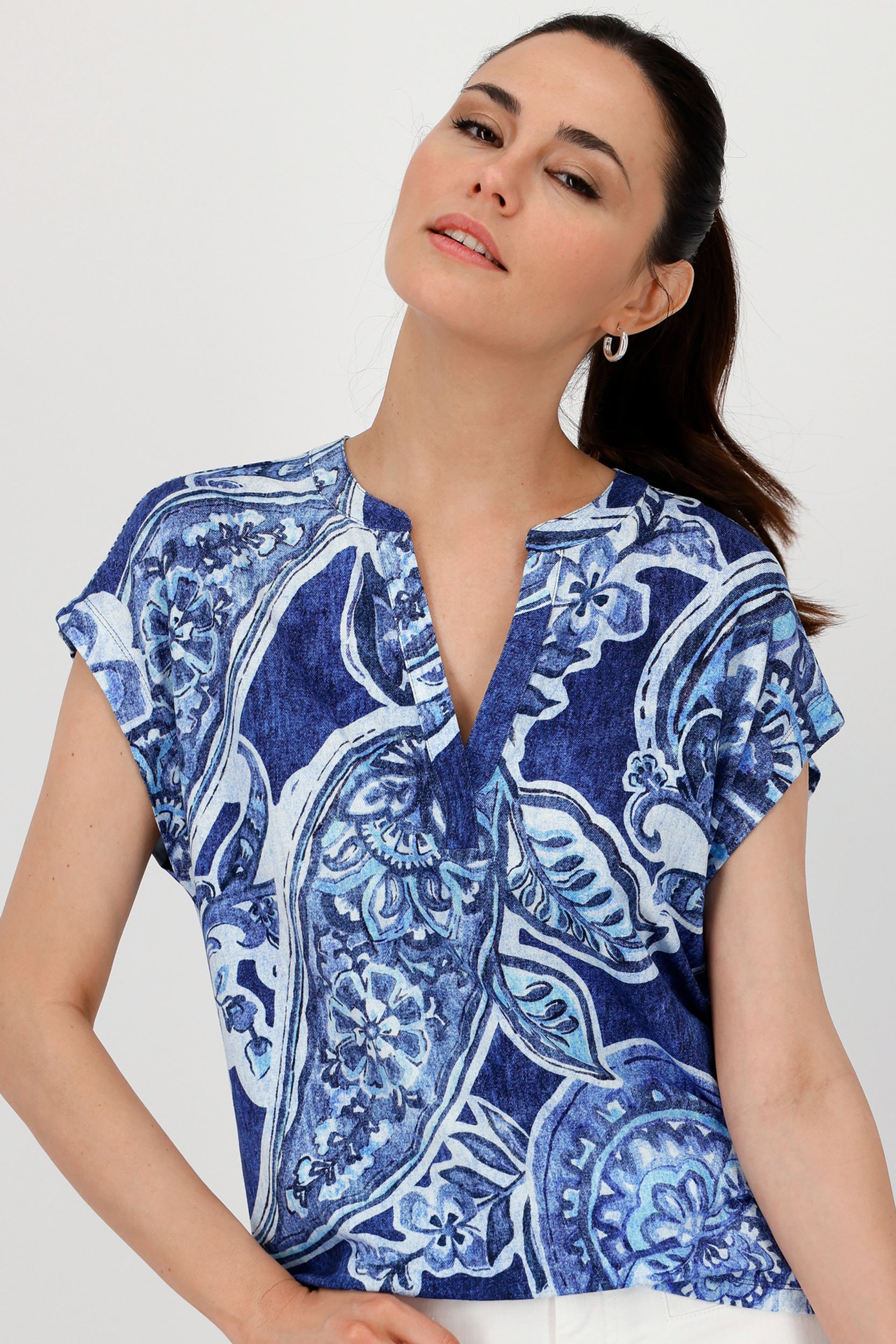 Monari |  T-Shirt, navy blue gemustert | 36 | royal