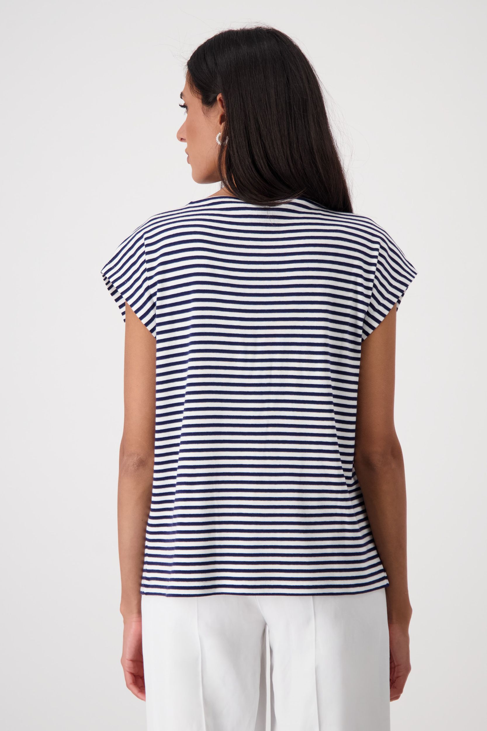 Monari |  T-Shirt, navy blue ringel | 40