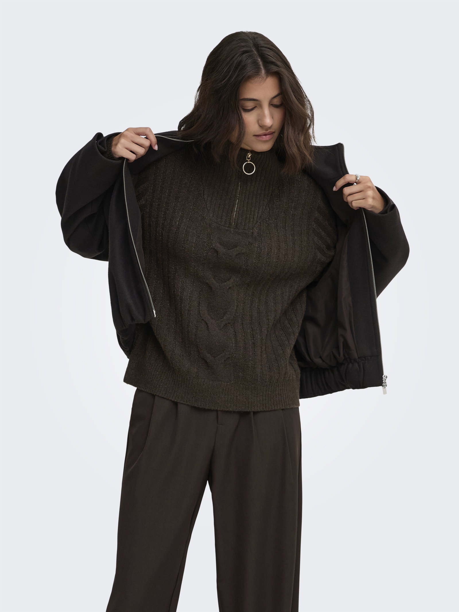 JDYANDREA L/S ZIP CABLE PULLOVE KNT, Coffee Bean/MELANGE W. GOLD TRIM #4