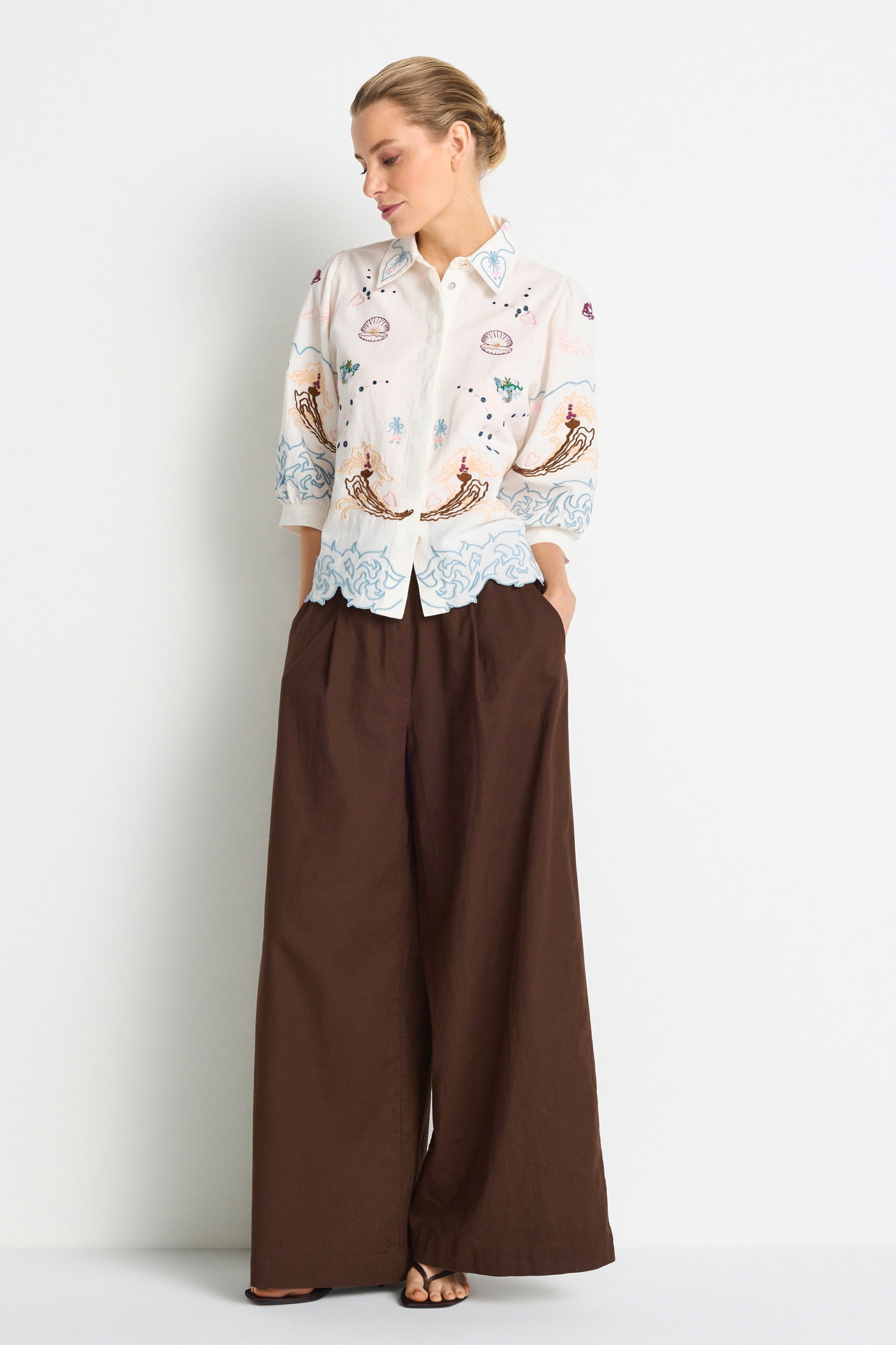 Embroidery Linen Mix Blouse, pearl white #2