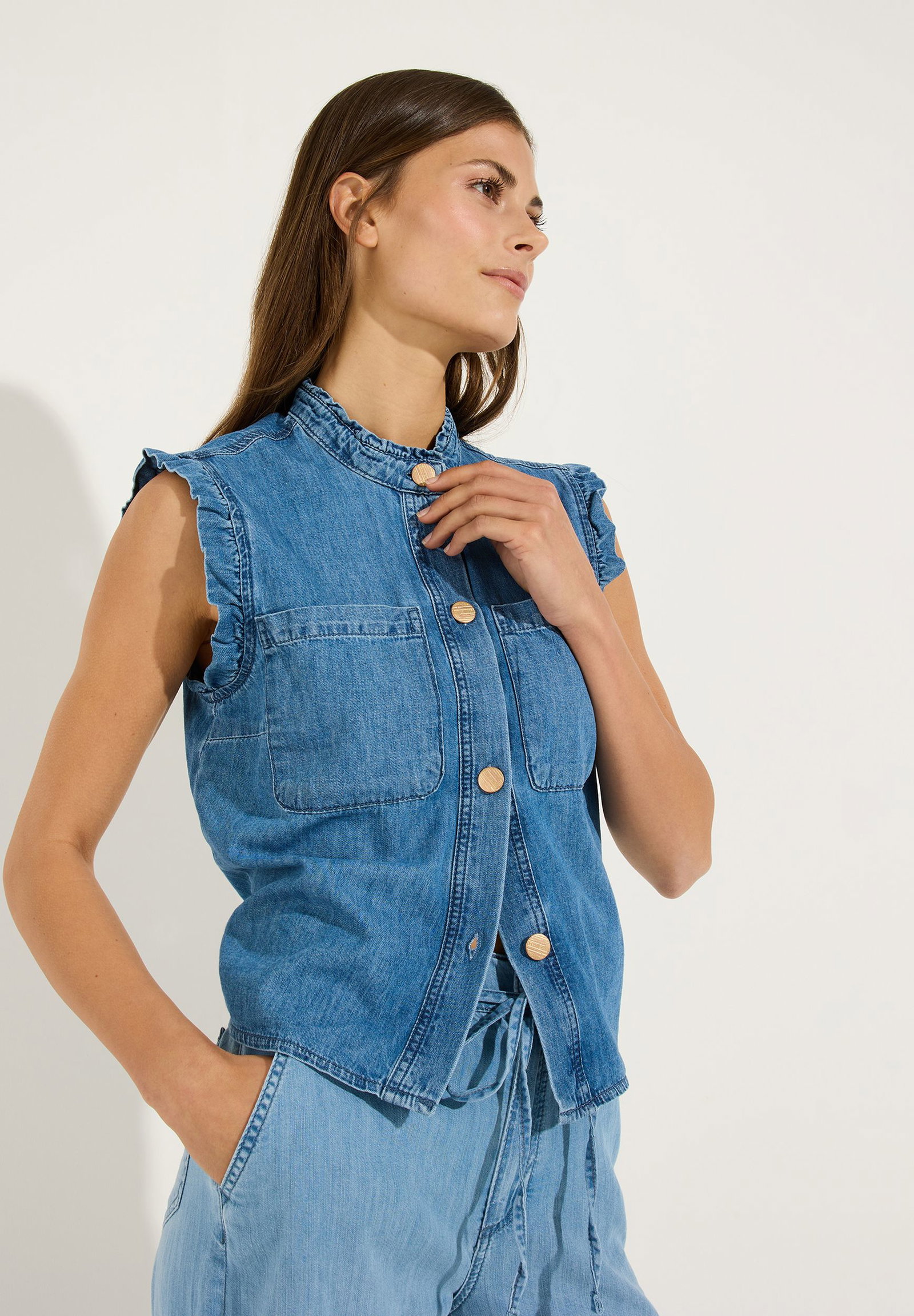 More & More |  Jeansbluse mit Rüschenärmeln | 36 | denim