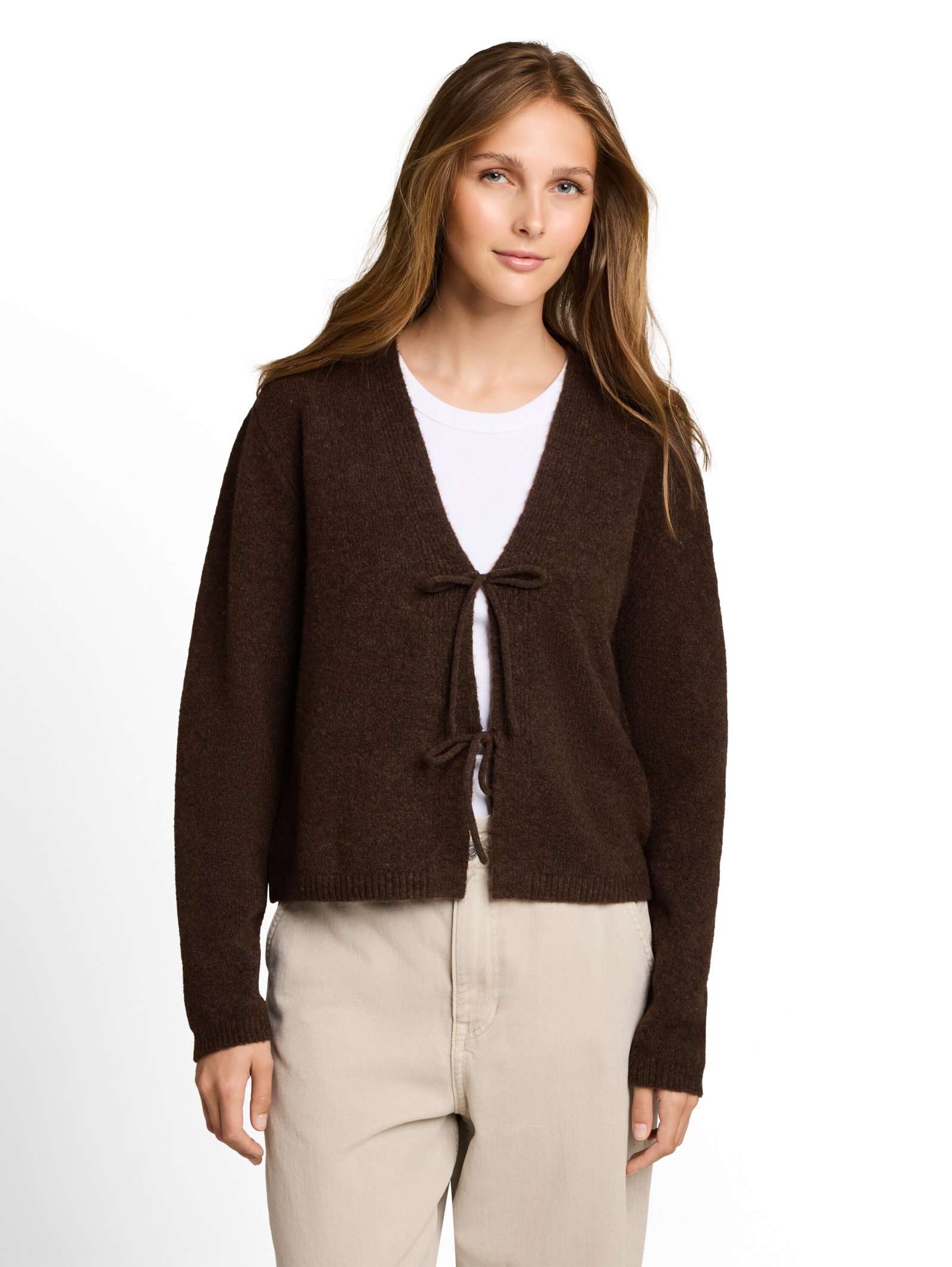 knit cardigan with bow detail, cool dark brown melange #6