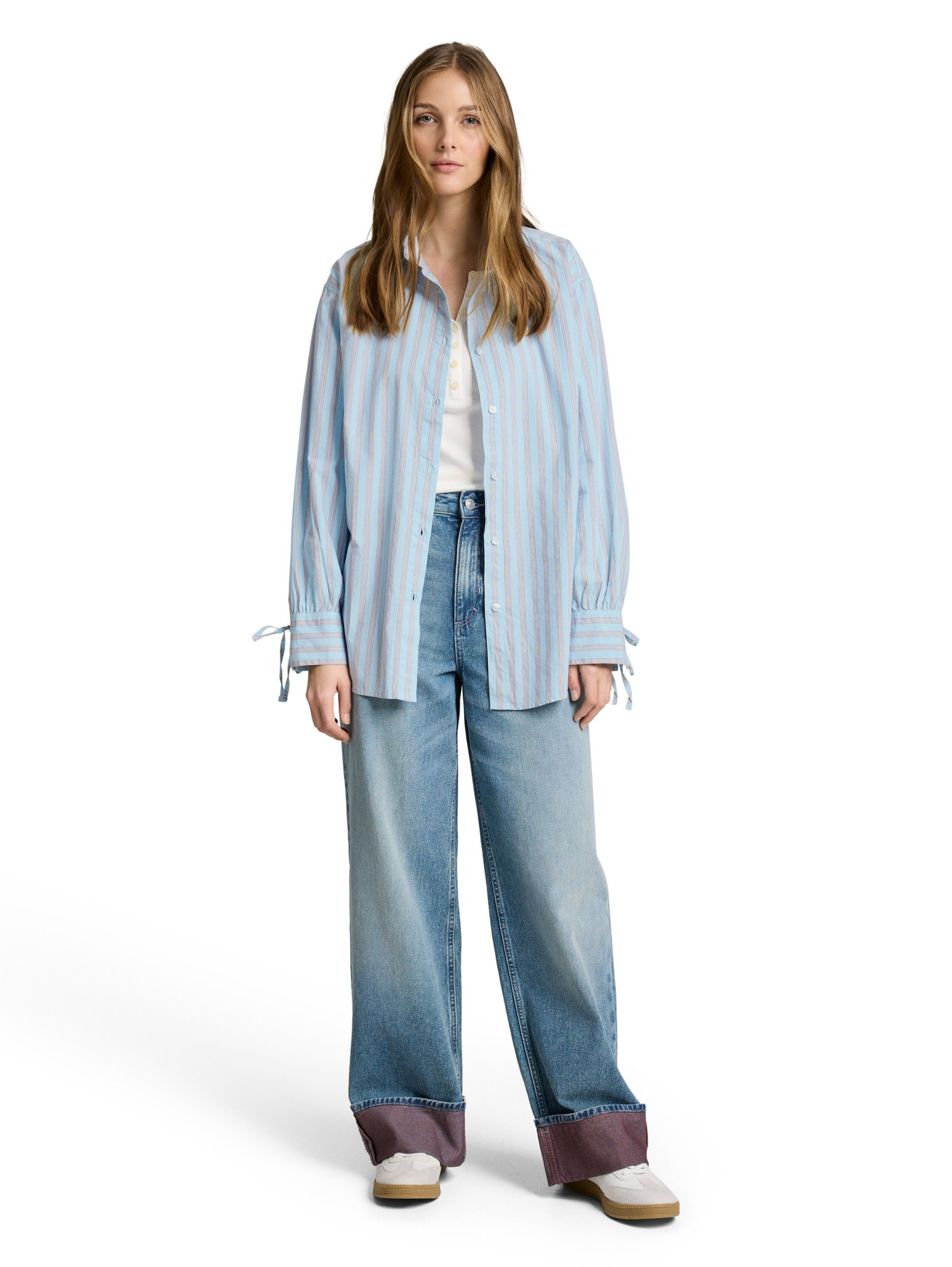 long poplin shirt, blue white brown stripe #3