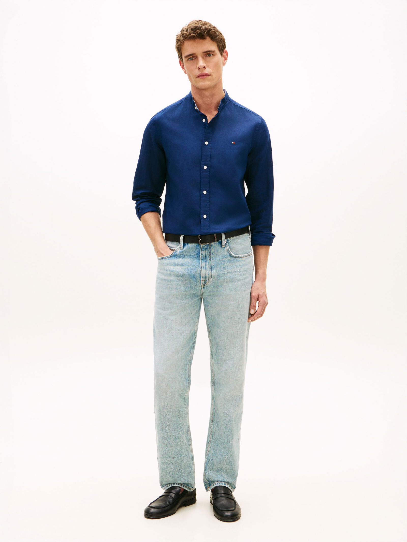 |  LI BLEND STAND COLLAR SHIRT, BLUE | L | carbon navy