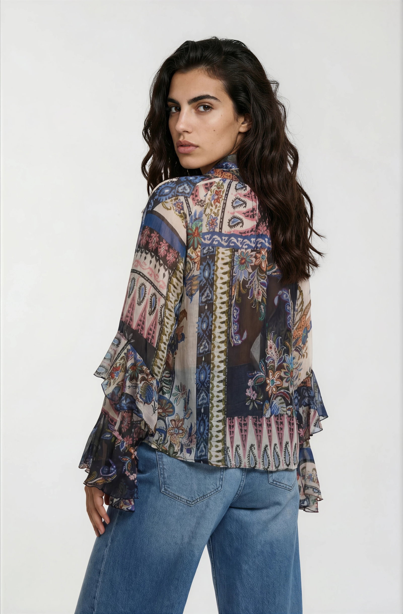 BLOUSE WITH BOW TIE NECKLINE AND DO, NAVY PRINT #2