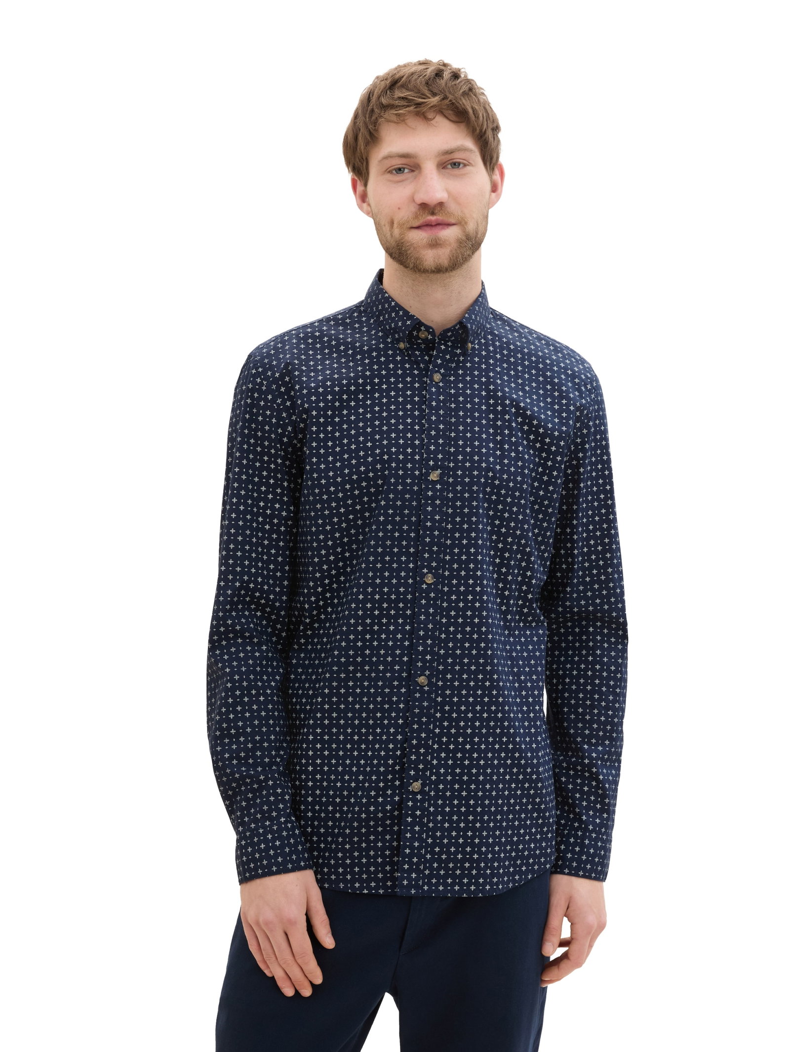 fitted printed poplin shirt, navy white minimal design #5