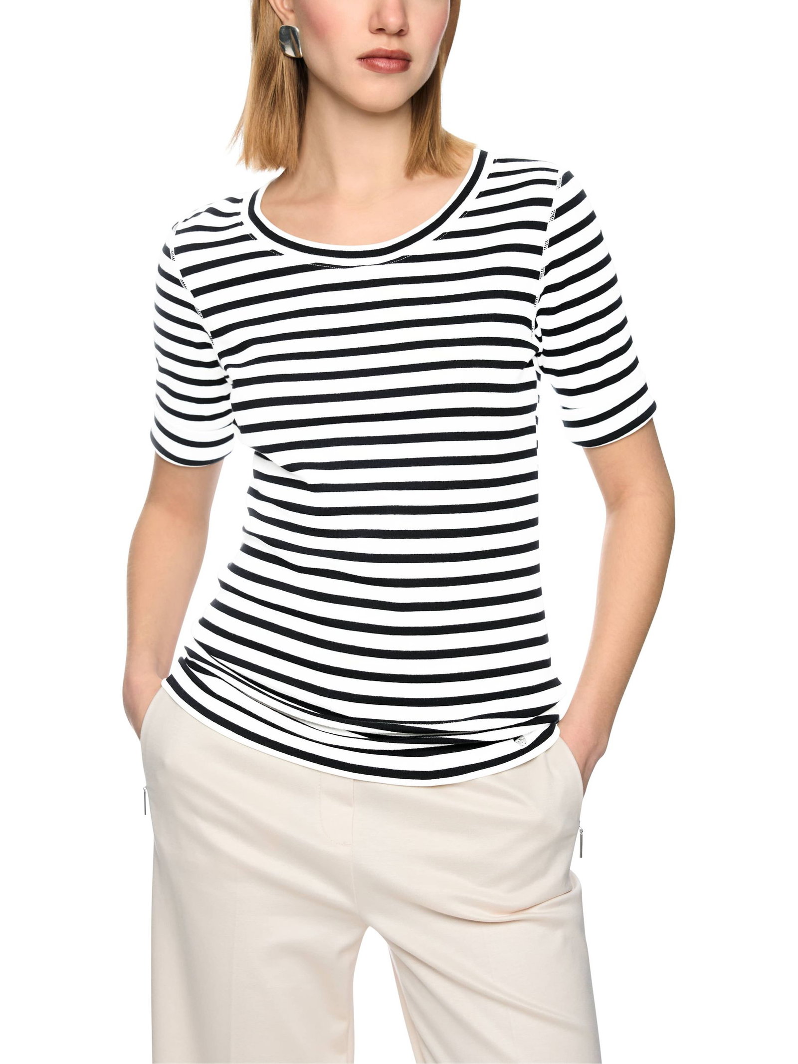 Marc Cain Additions |  Ringel-T-Shirt aus Baumwoll-Ripp | 38 | white and black