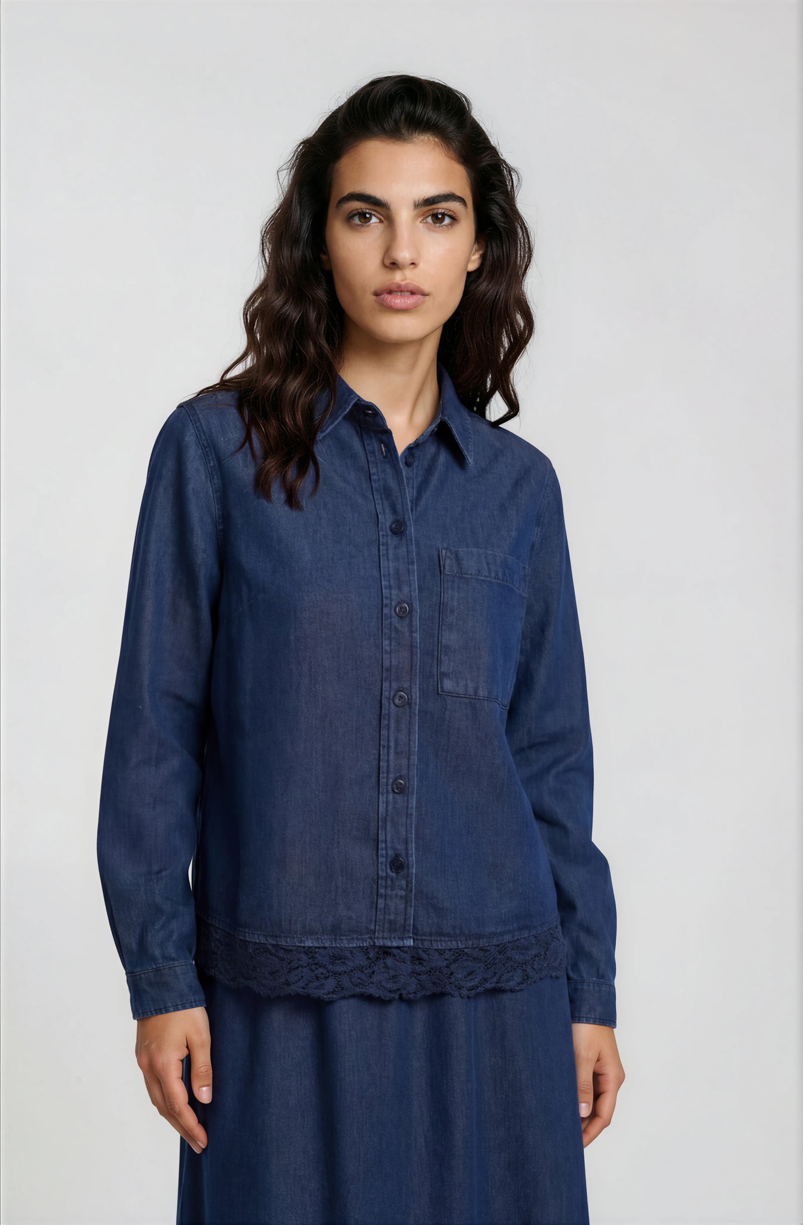 SHIRT WITH CHEST POCKET LACE AT HEM, DARK DENIM #3