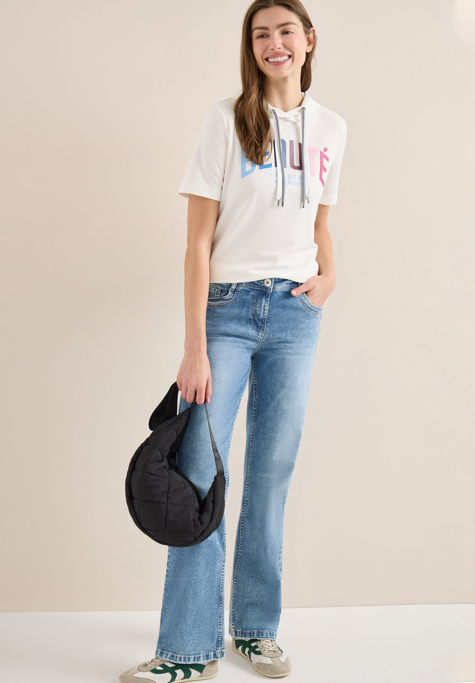 CECIL |  Kurzarm T-Shirt mit Kapuze und Print | S | vanilla white