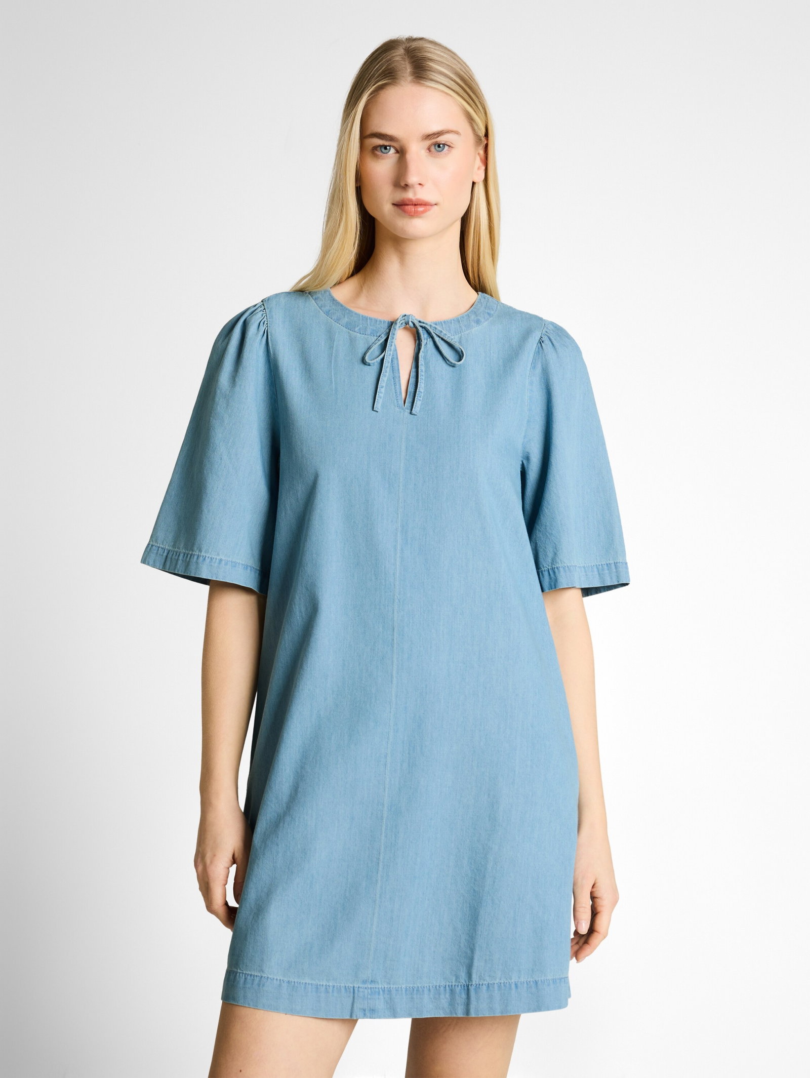 denim mini dress, Clean Light Stone Blue Denim #6