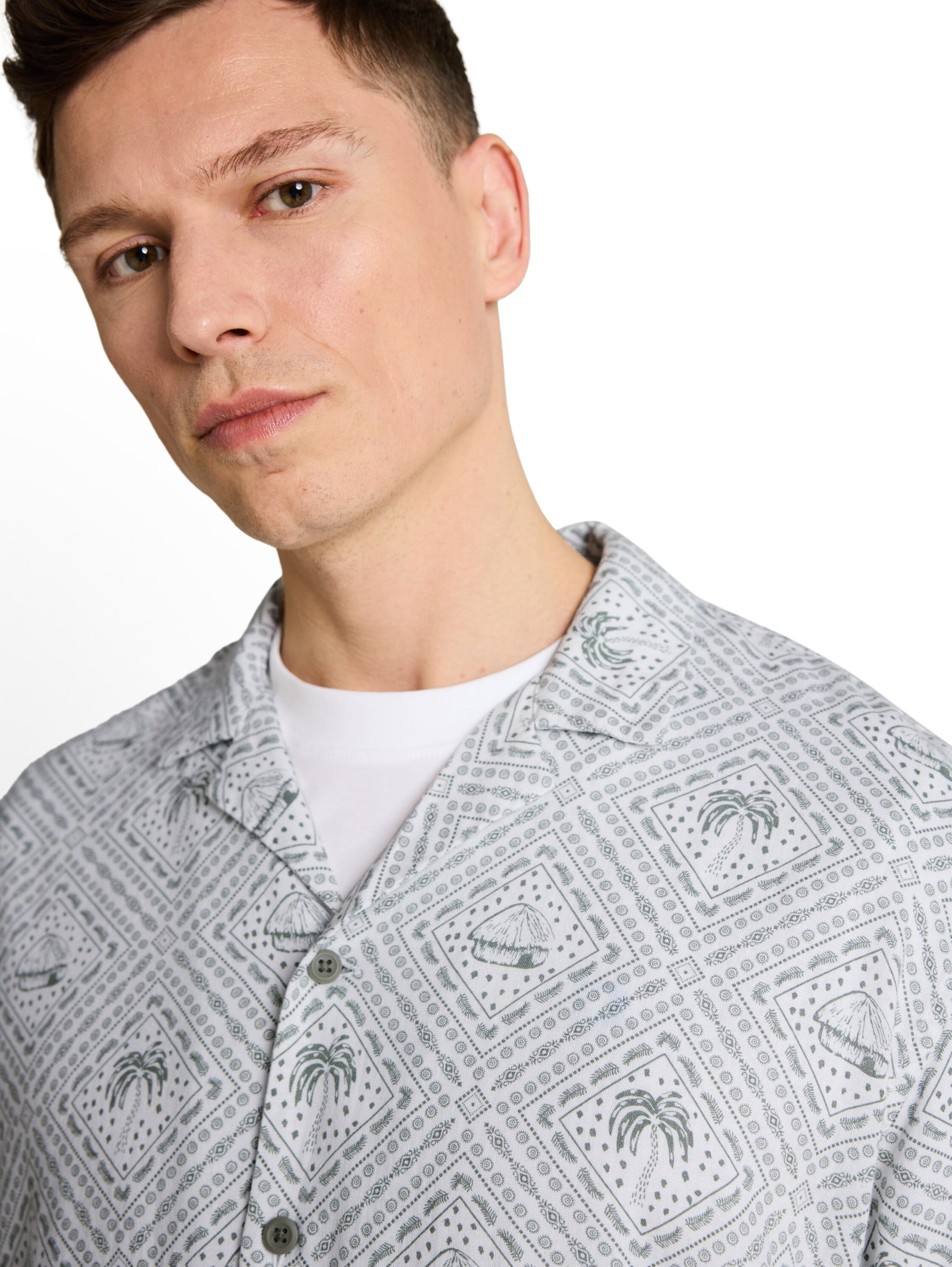 relaxed printed viscose linen, green white tropical print #6