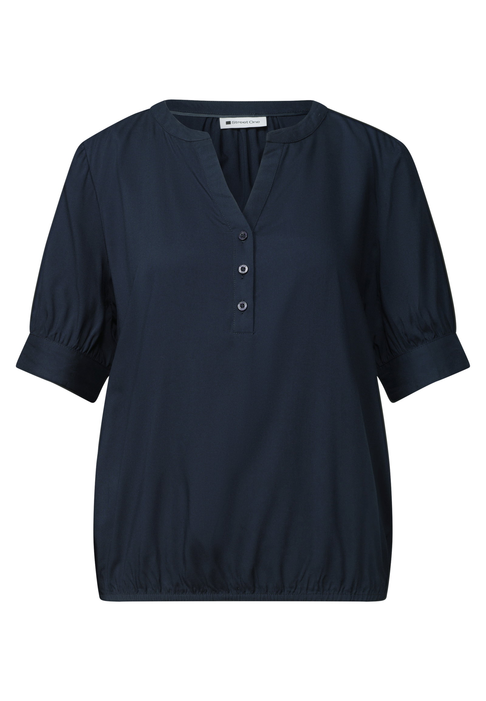 LTD QR Splitneck blouse w gath, darkest blue #1