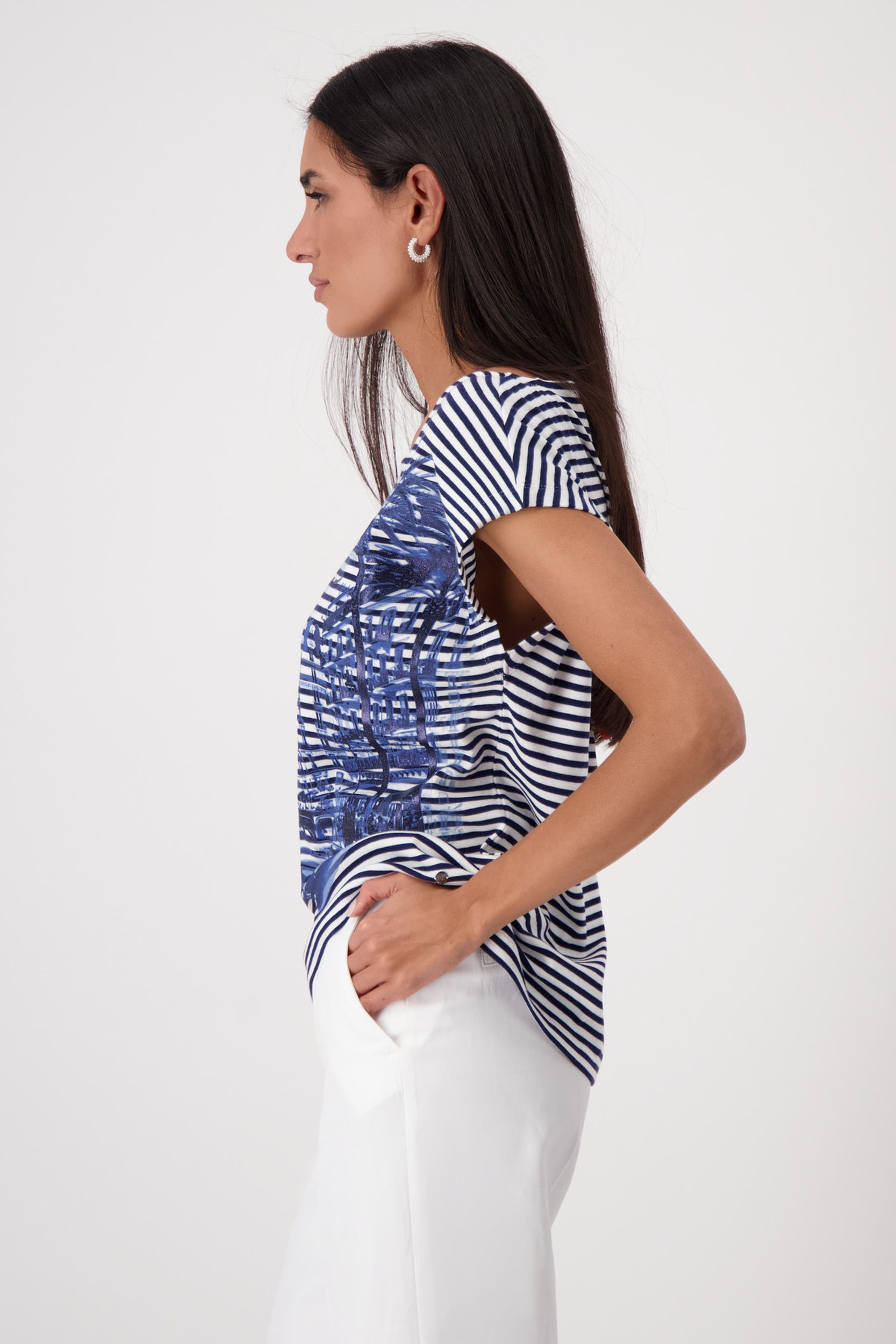 Monari |  T-Shirt, navy blue ringel | 40