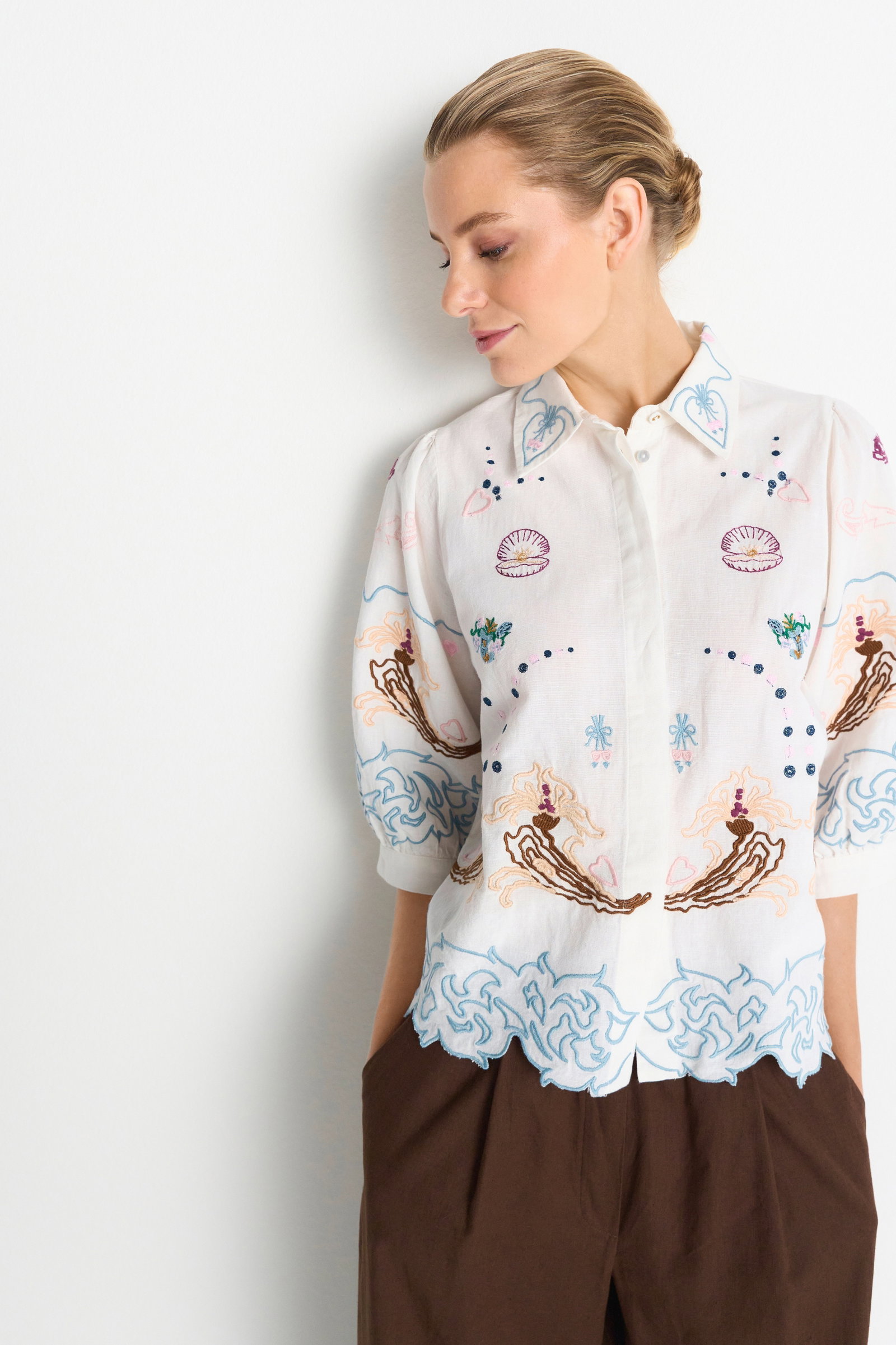Embroidery Linen Mix Blouse, pearl white #3
