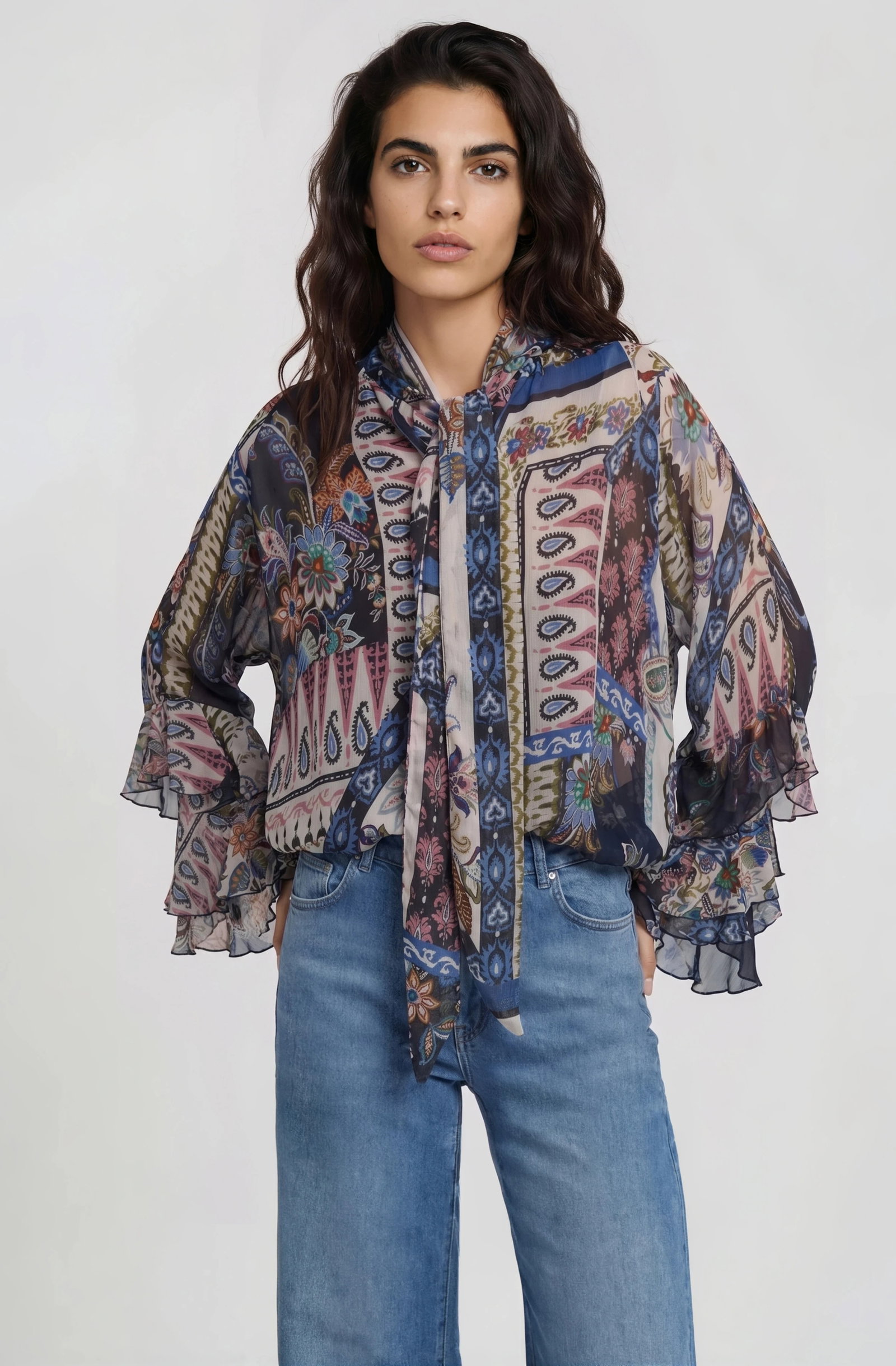 BLOUSE WITH BOW TIE NECKLINE AND DO, NAVY PRINT #1