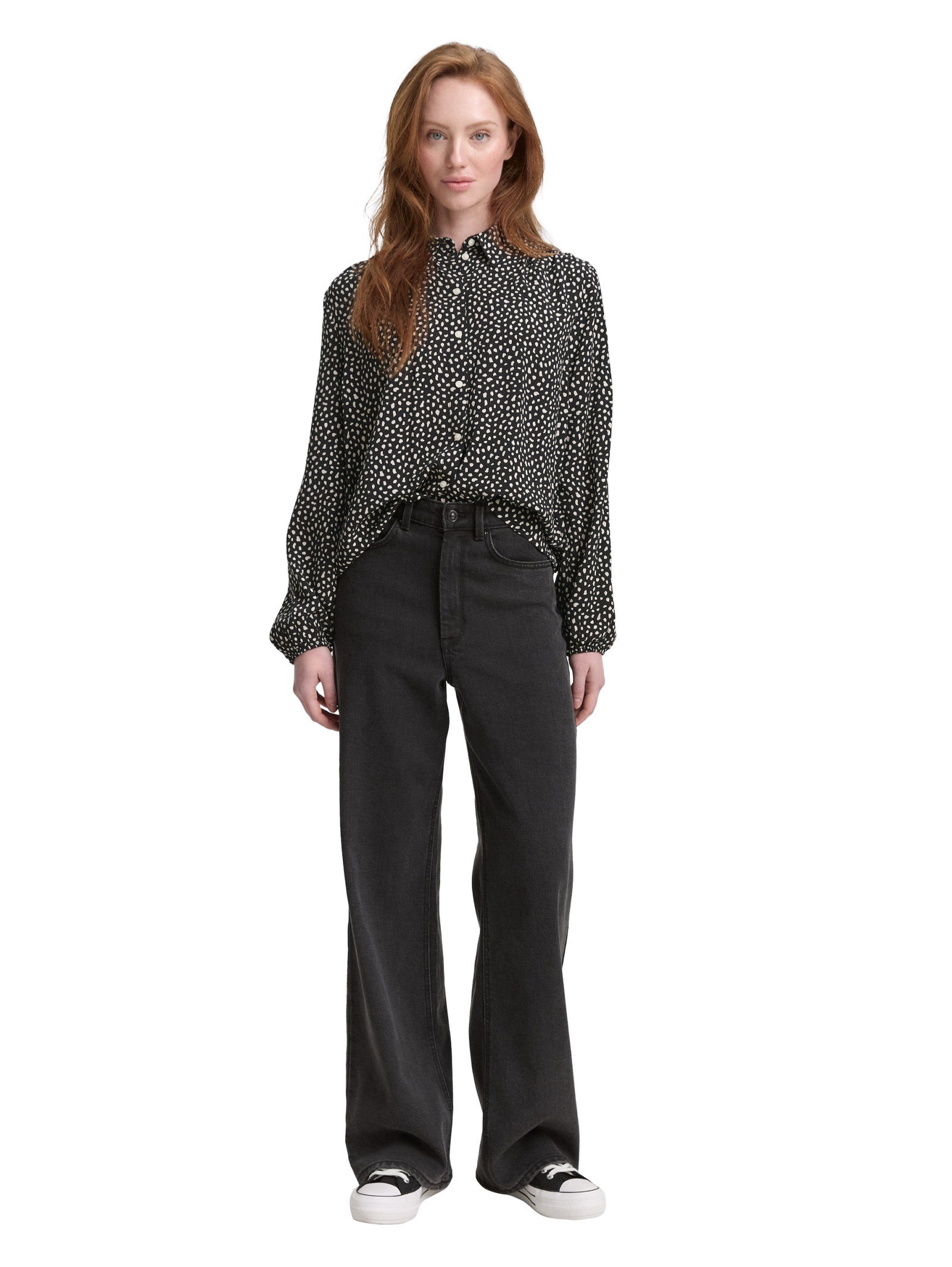 feminine blouse with placket, black white dotted print #3