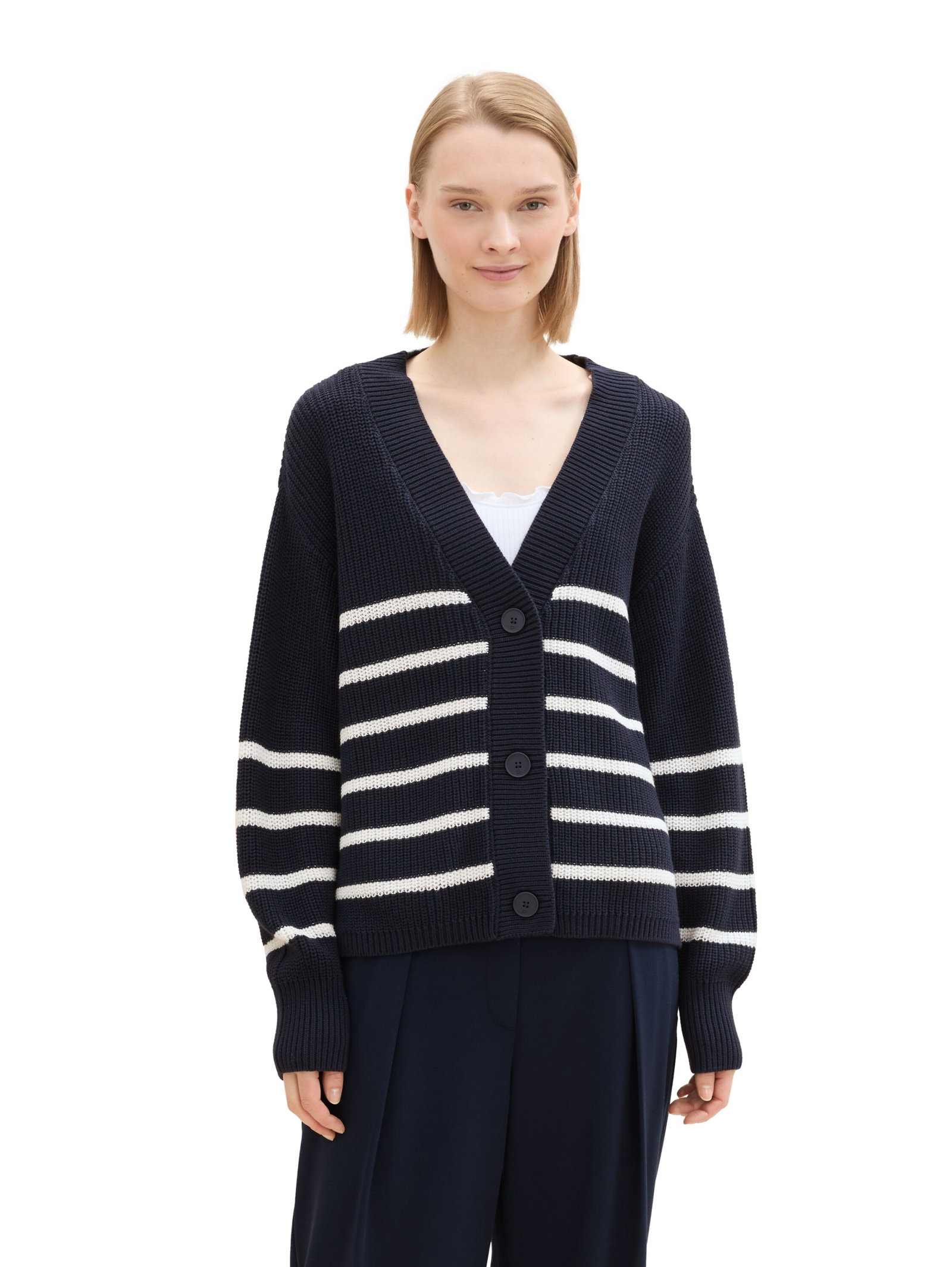 v-neck cardigan, placed navy white stripe #5