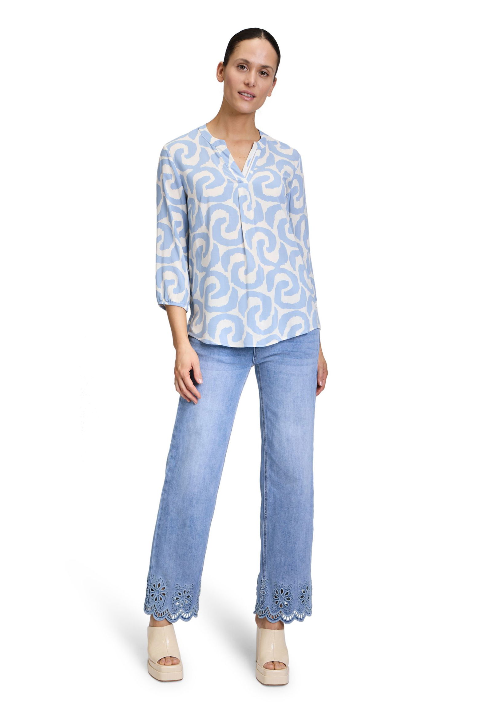  |  Bluse Kurz 3/4 Arm, Cream/Blue | 42 | weiß/blau