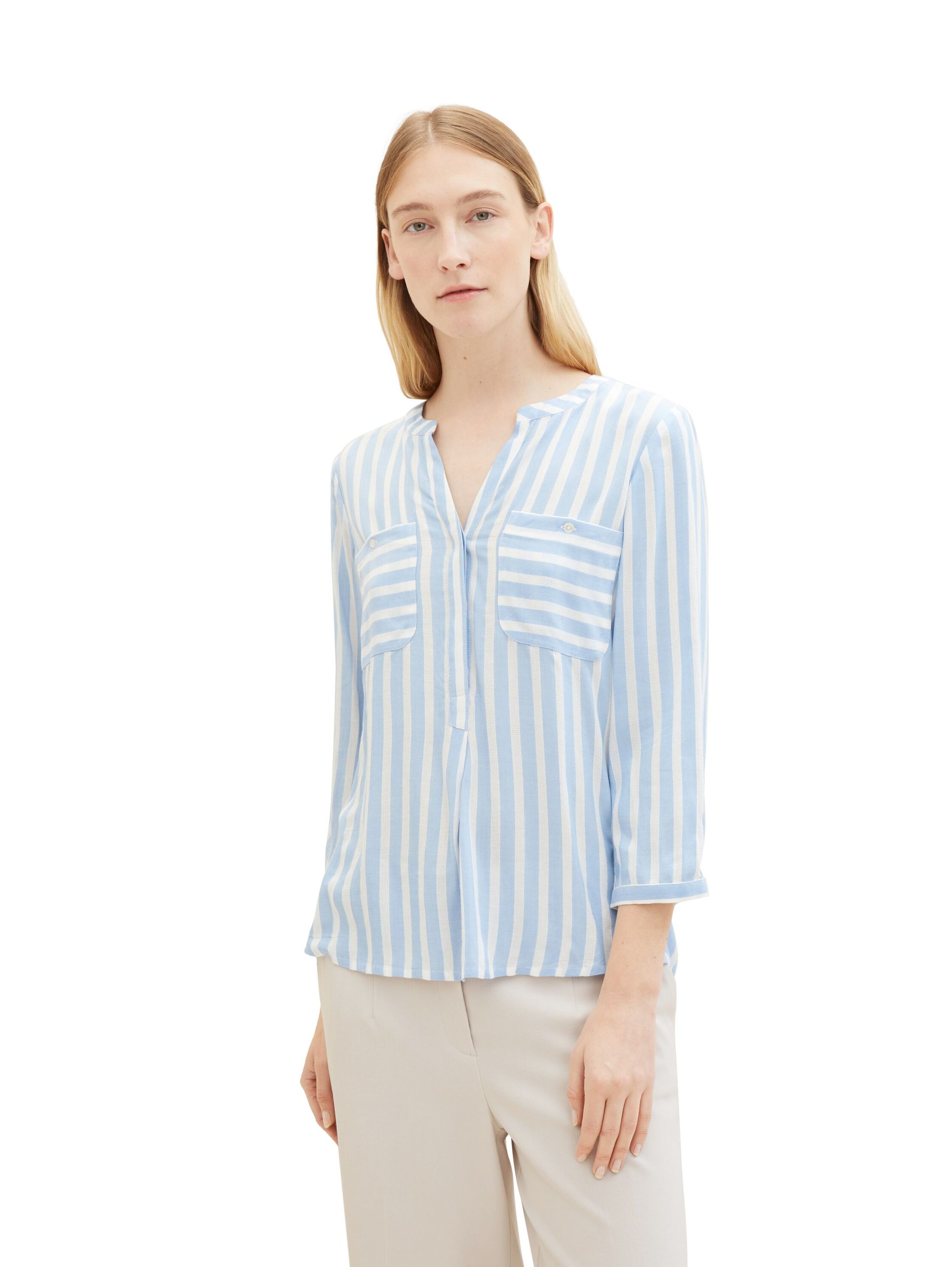 Tom Tailor |  Tom Tailor Druckbluse  | 44 | offwhite blue vertical stripe