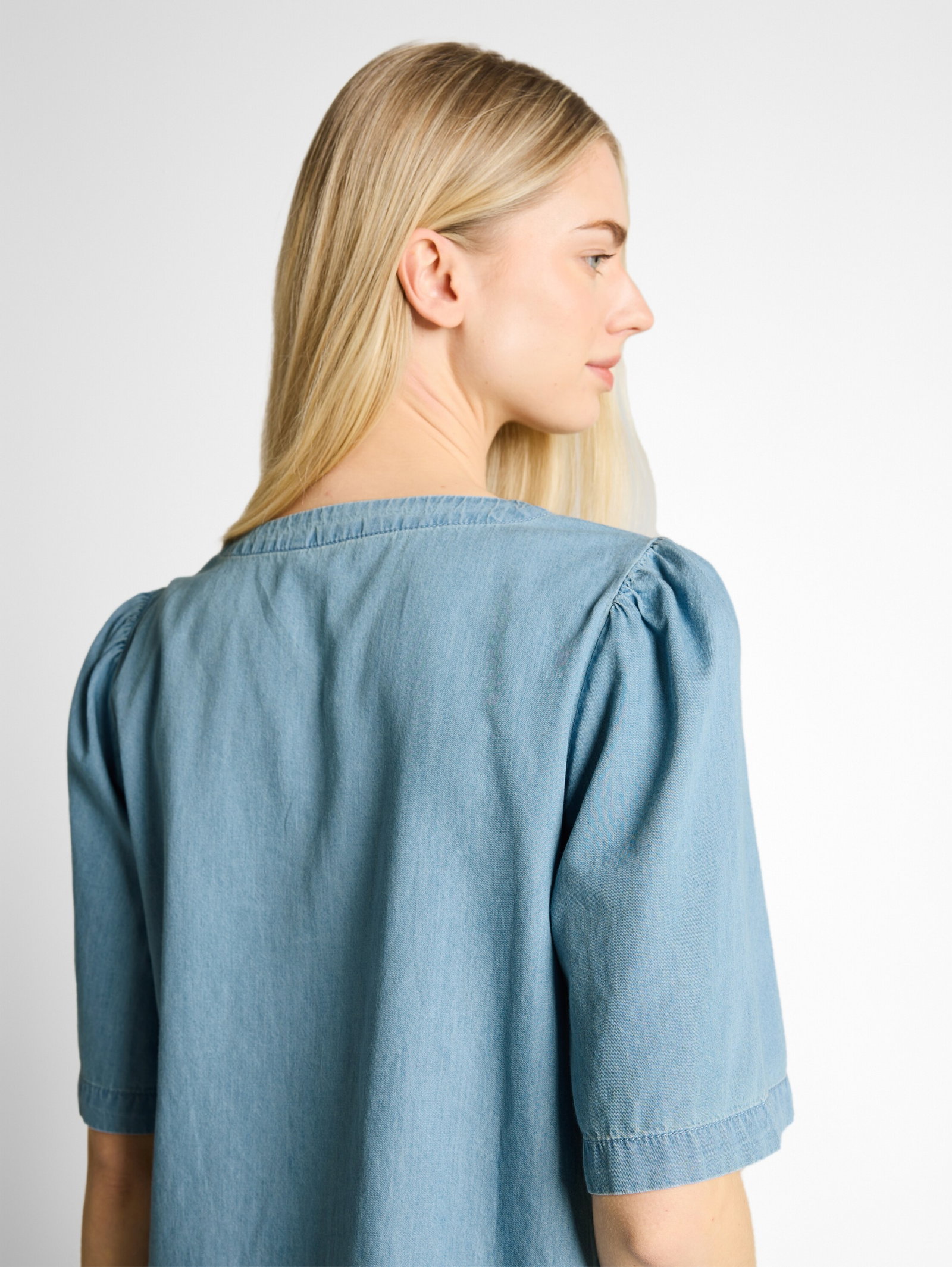 denim blouse with bow, Clean Light Stone Blue Denim #5