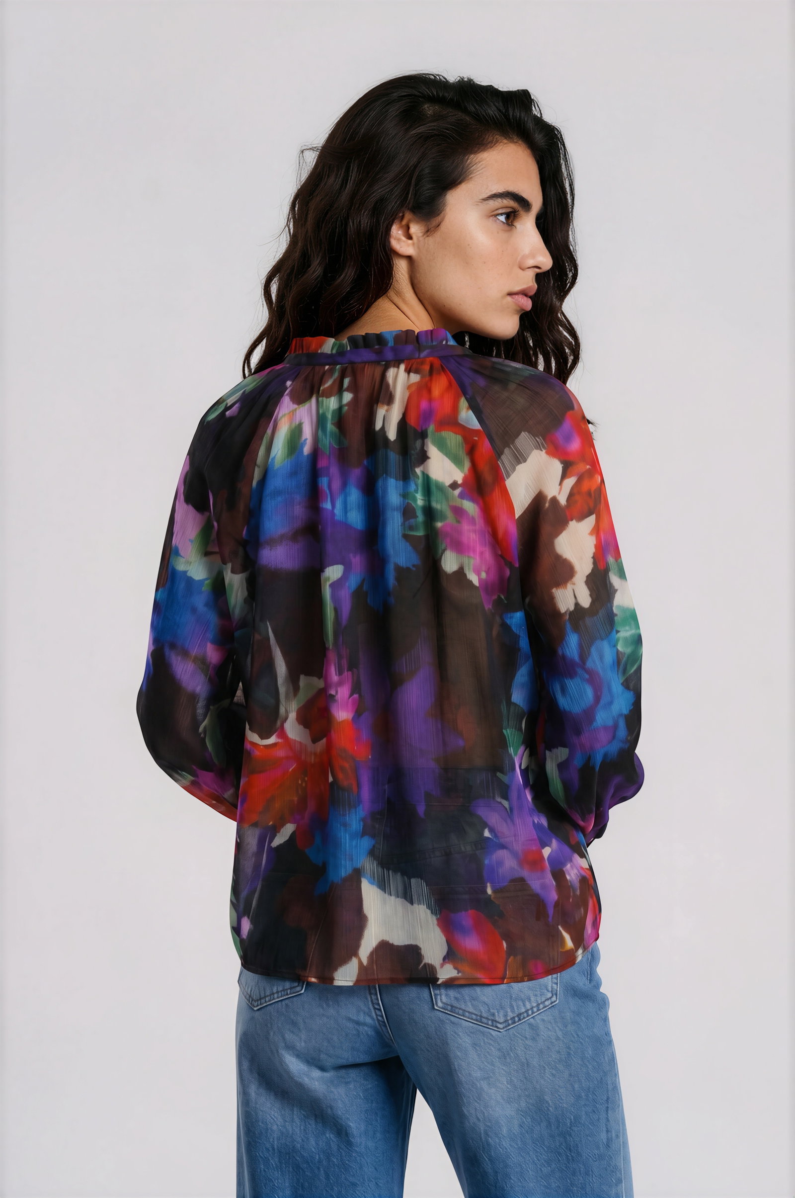 RAGLER SLEEVE BLOUSE WITH GATHERING, PURPLE PRINT #2