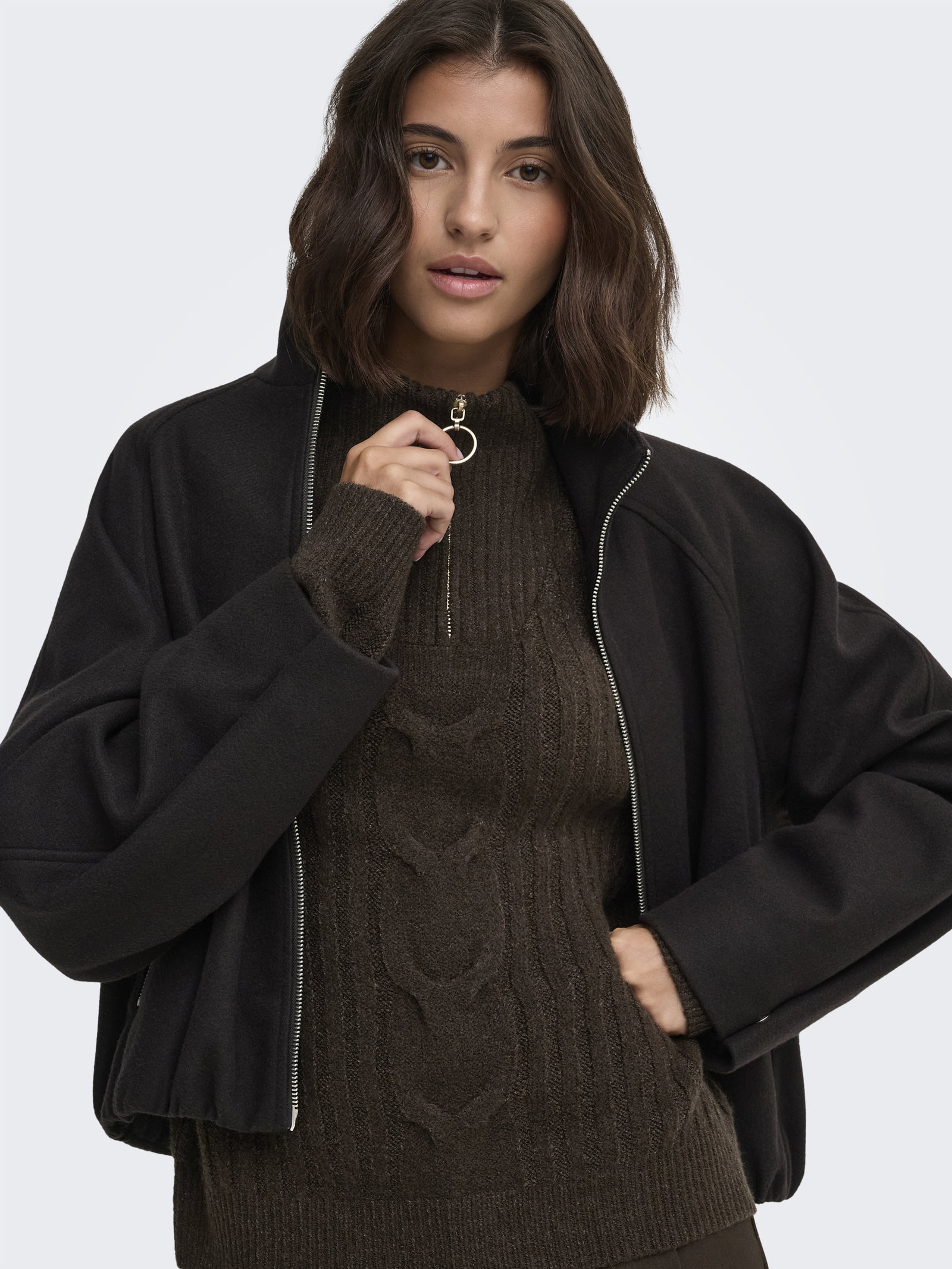 JDYANDREA L/S ZIP CABLE PULLOVE KNT, Coffee Bean/MELANGE W. GOLD TRIM #6
