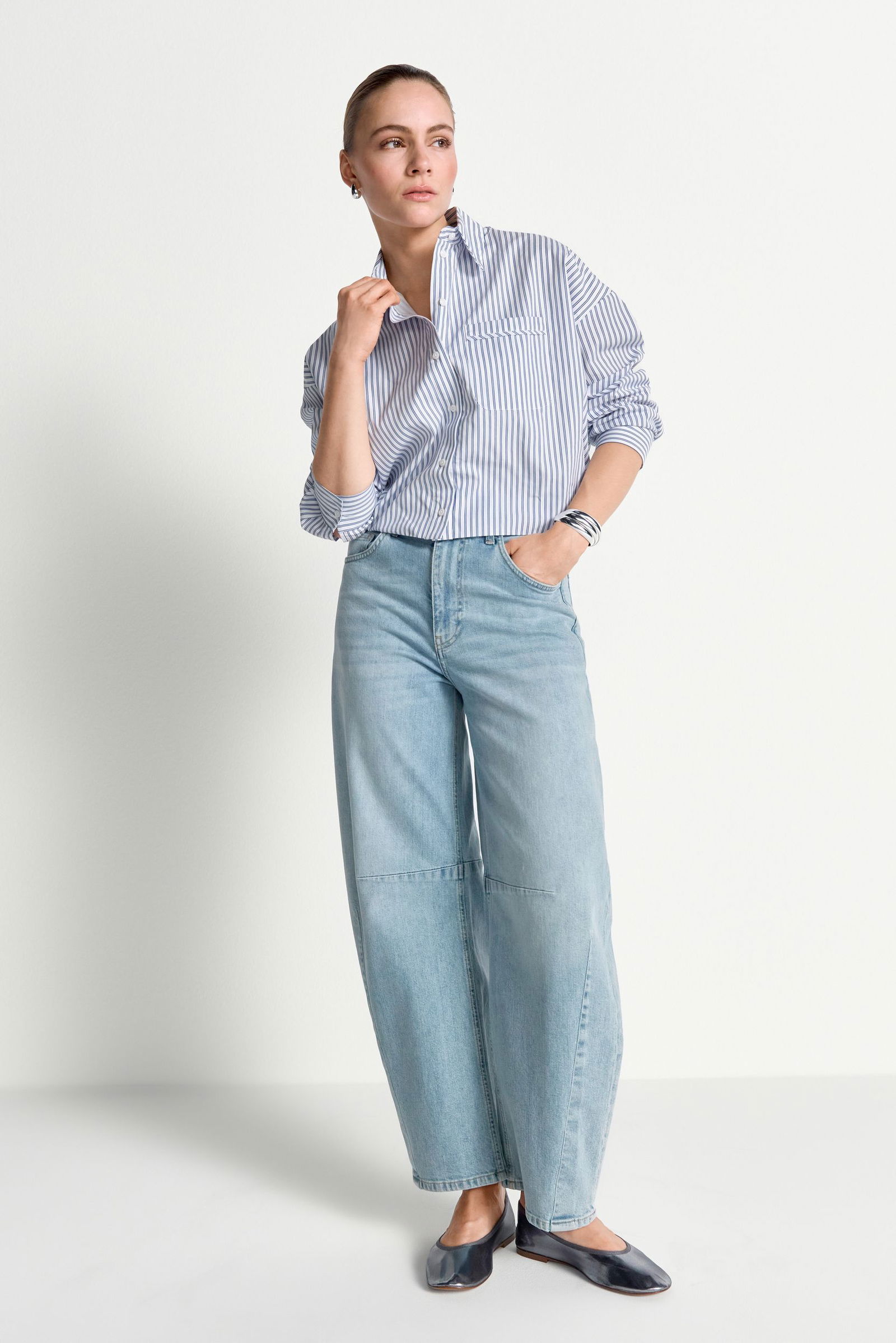 Rich & Royal |  Cotton Striped Balloon Blouse | 40 | skyway blue