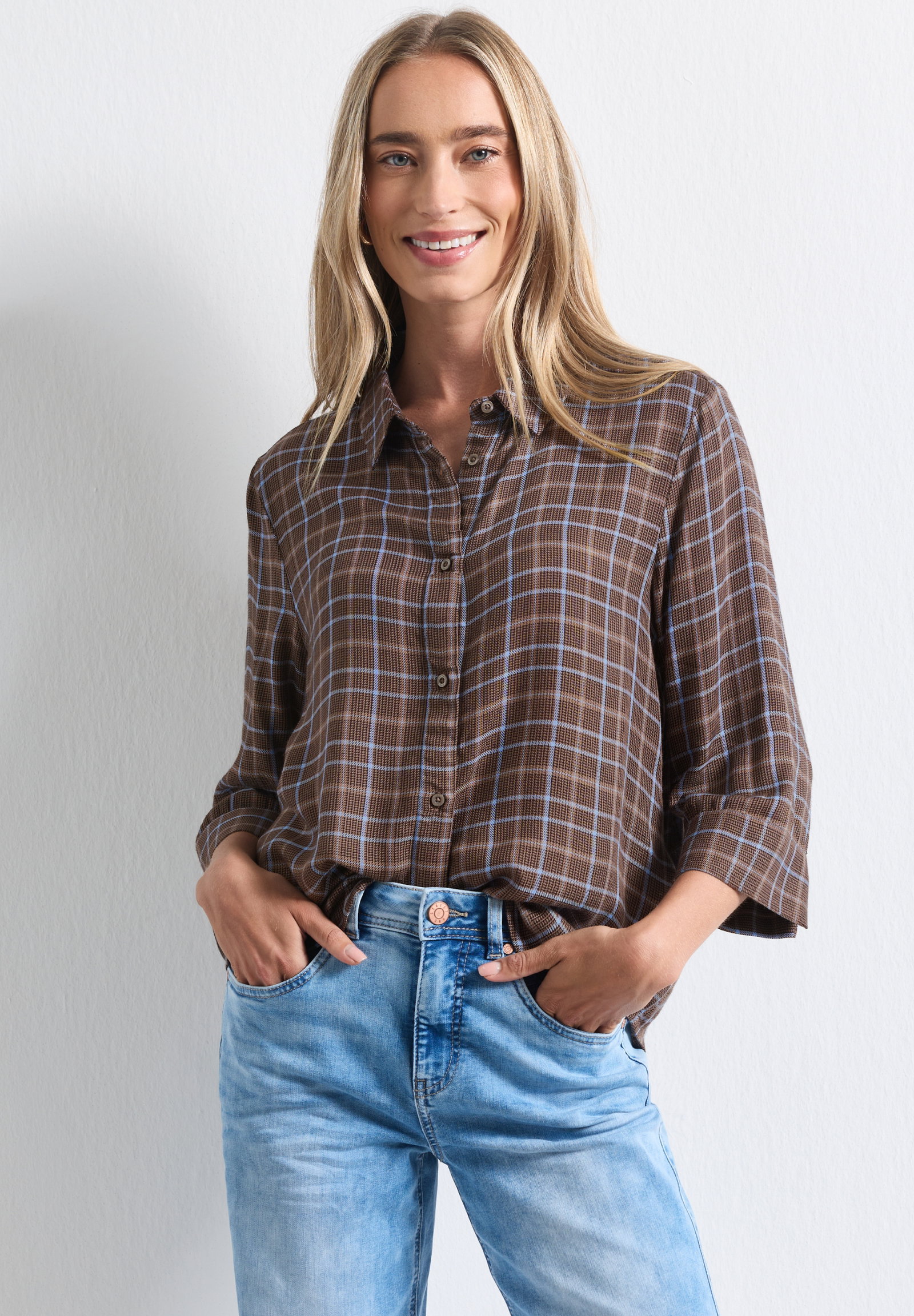 LTD QR check shirtcollar blous, silk brown #3
