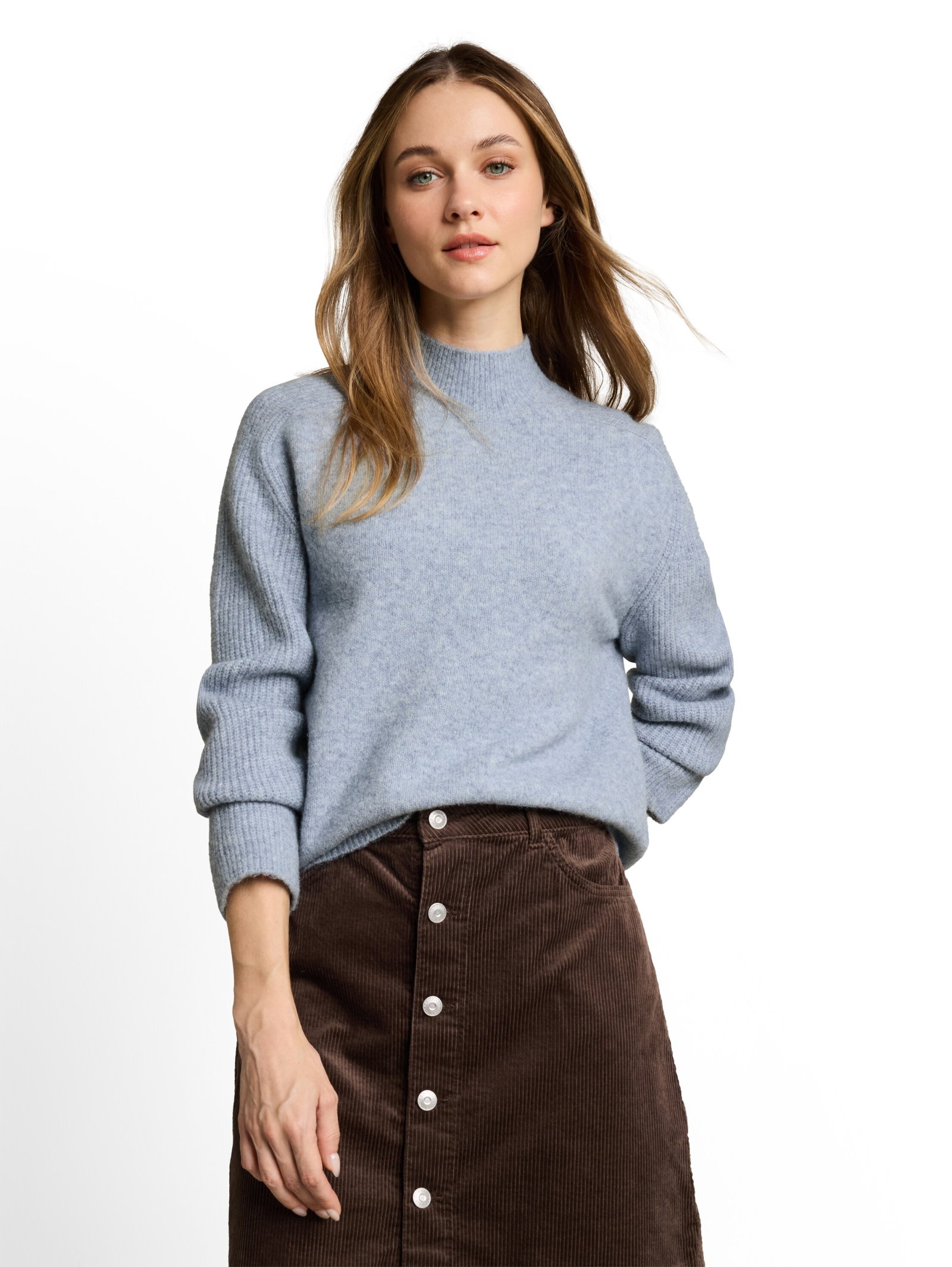 knit mock-neck with saddleshou, foggy sky blue melange #6