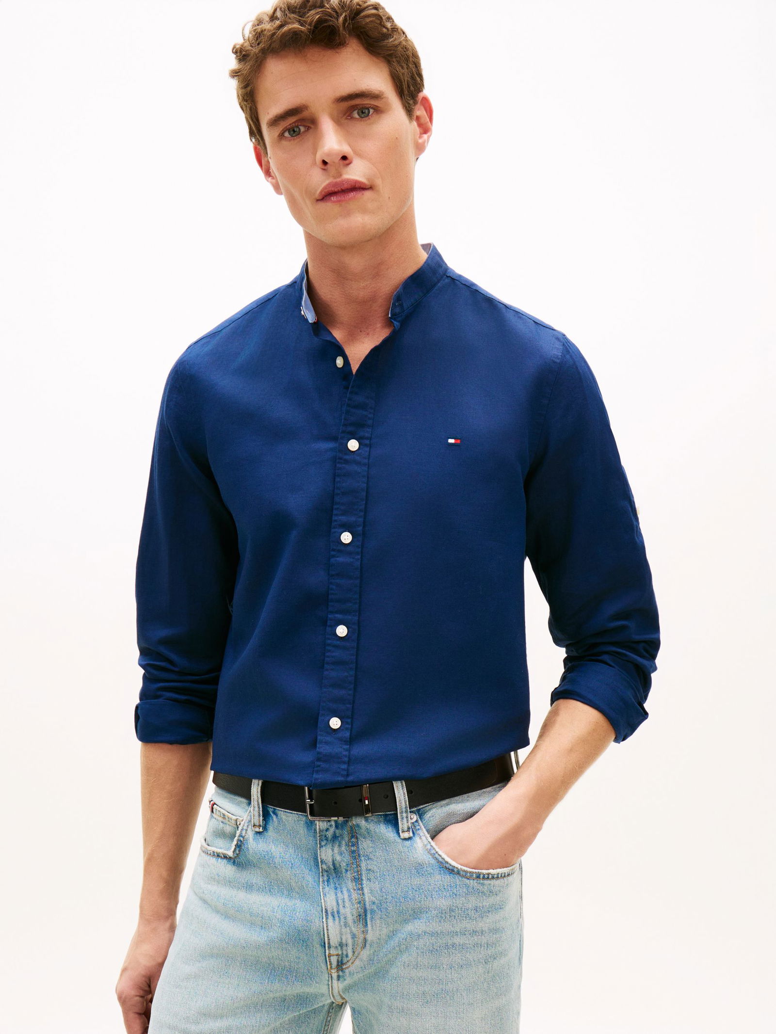 |  LI BLEND STAND COLLAR SHIRT, BLUE | L | carbon navy