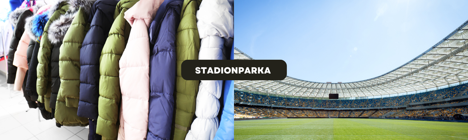 Stadionparka und Winterjacken auf einer Kleiderstange neben einem modernen Fußballstadion