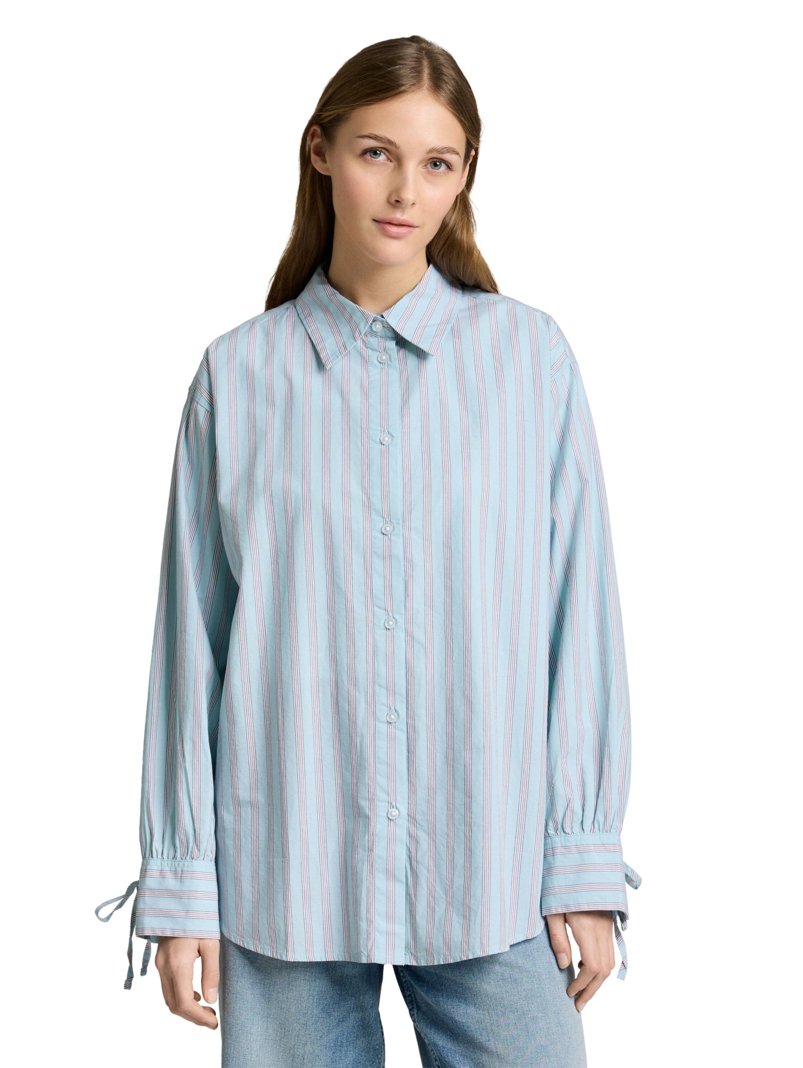 long poplin shirt, blue white brown stripe #5