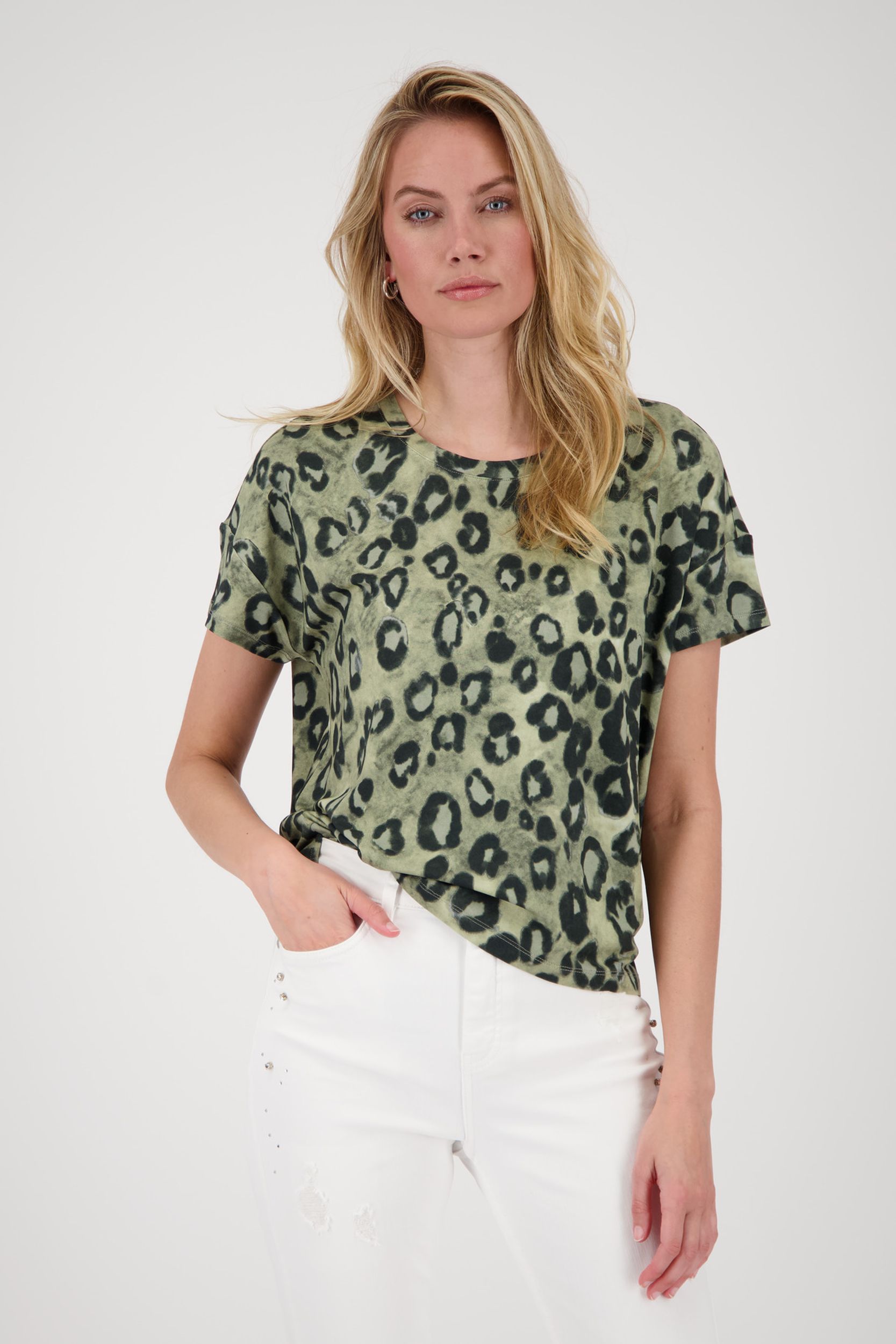 Monari |  T-Shirt, bamboo gemustert | 46 | light khaki gemustert