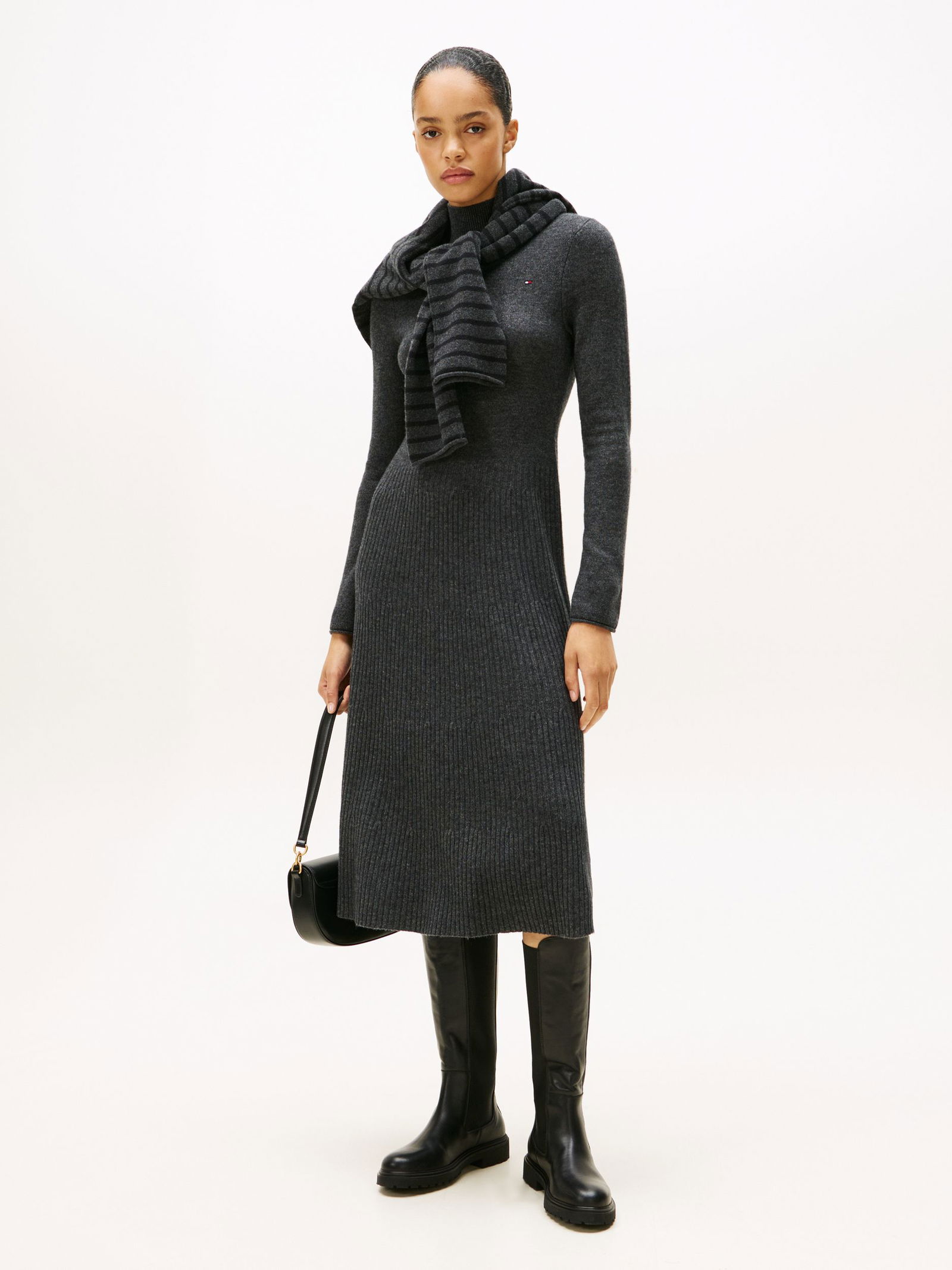 Tommy Hilfiger | SOFT WOOL LS MOCK-NK SWT DRESS | L | dark grey heather / dark night navy