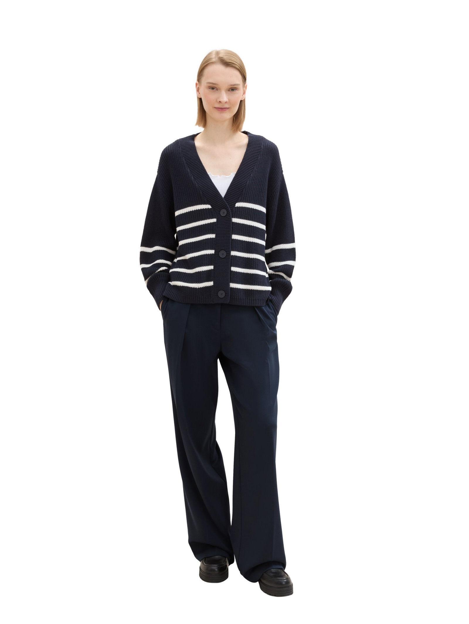 v-neck cardigan, placed navy white stripe #3