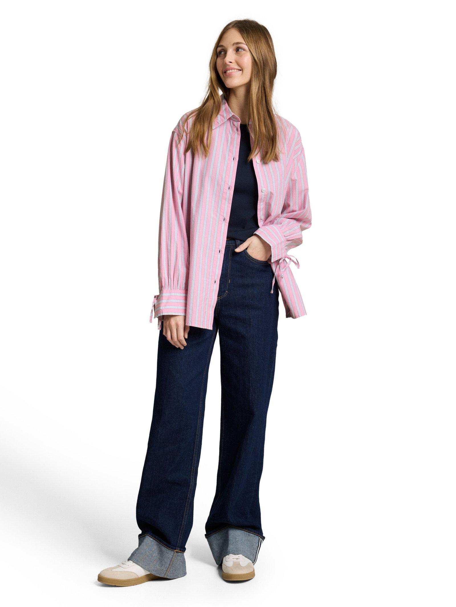 long poplin shirt, pink blue white stripe #3