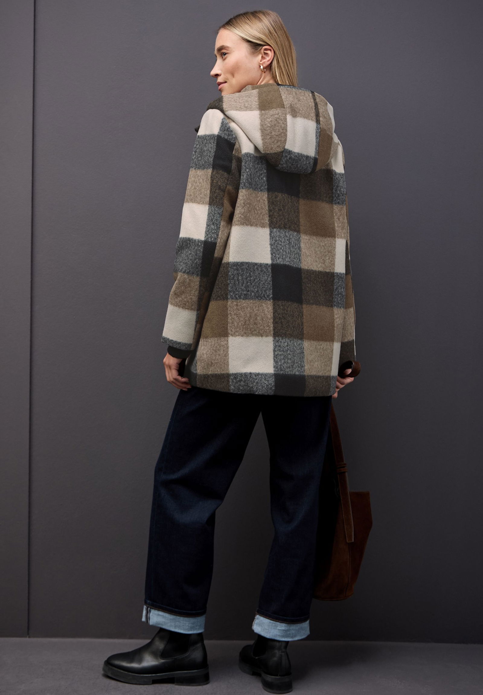 |  Check Coat w. Hoody, Black | 36 | black