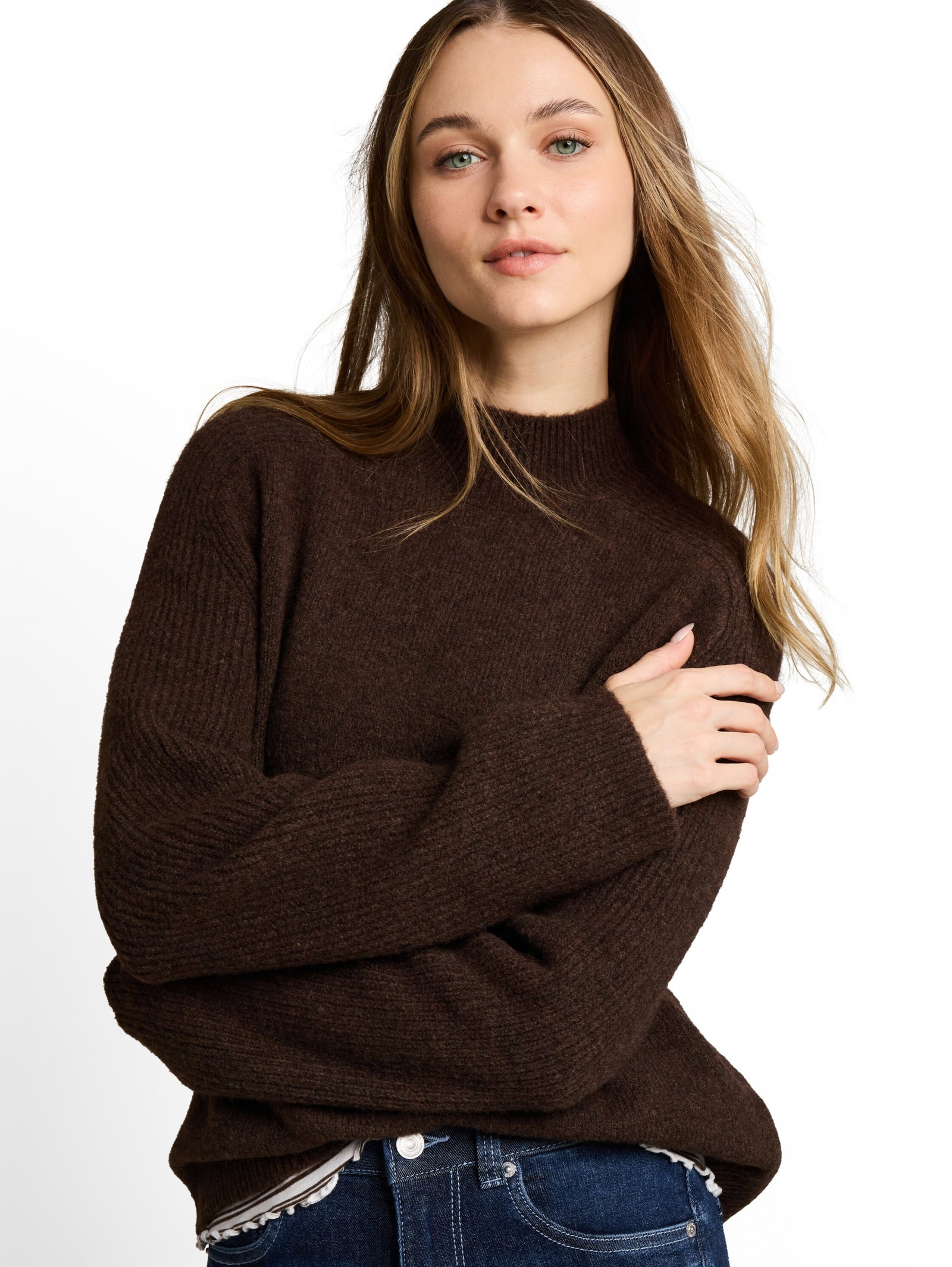 knit mock-neck with saddleshou, cool dark brown melange #6
