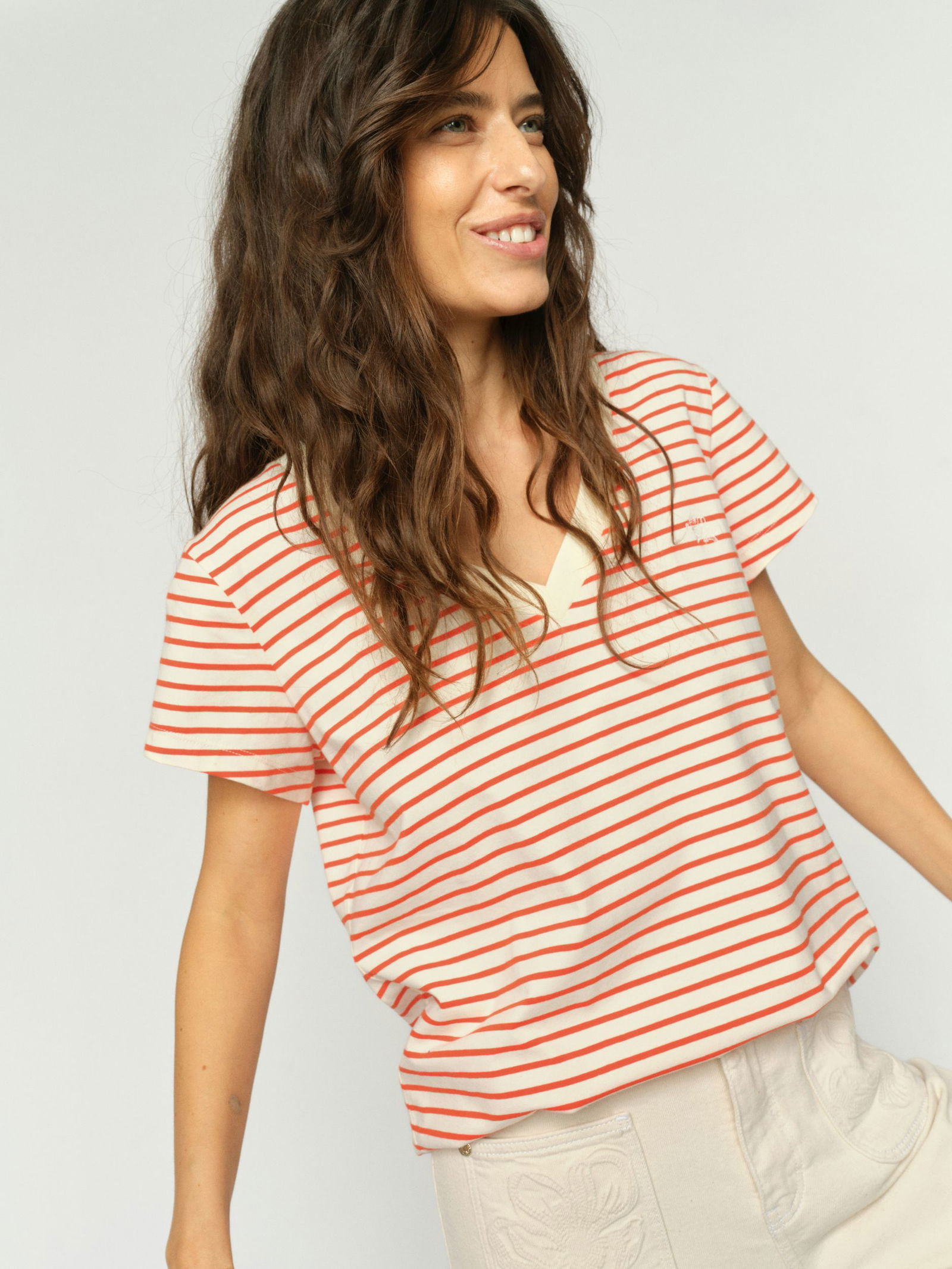 Mos Mosh |  MMKala V-SS Stripe Tee | XS | spicy orange