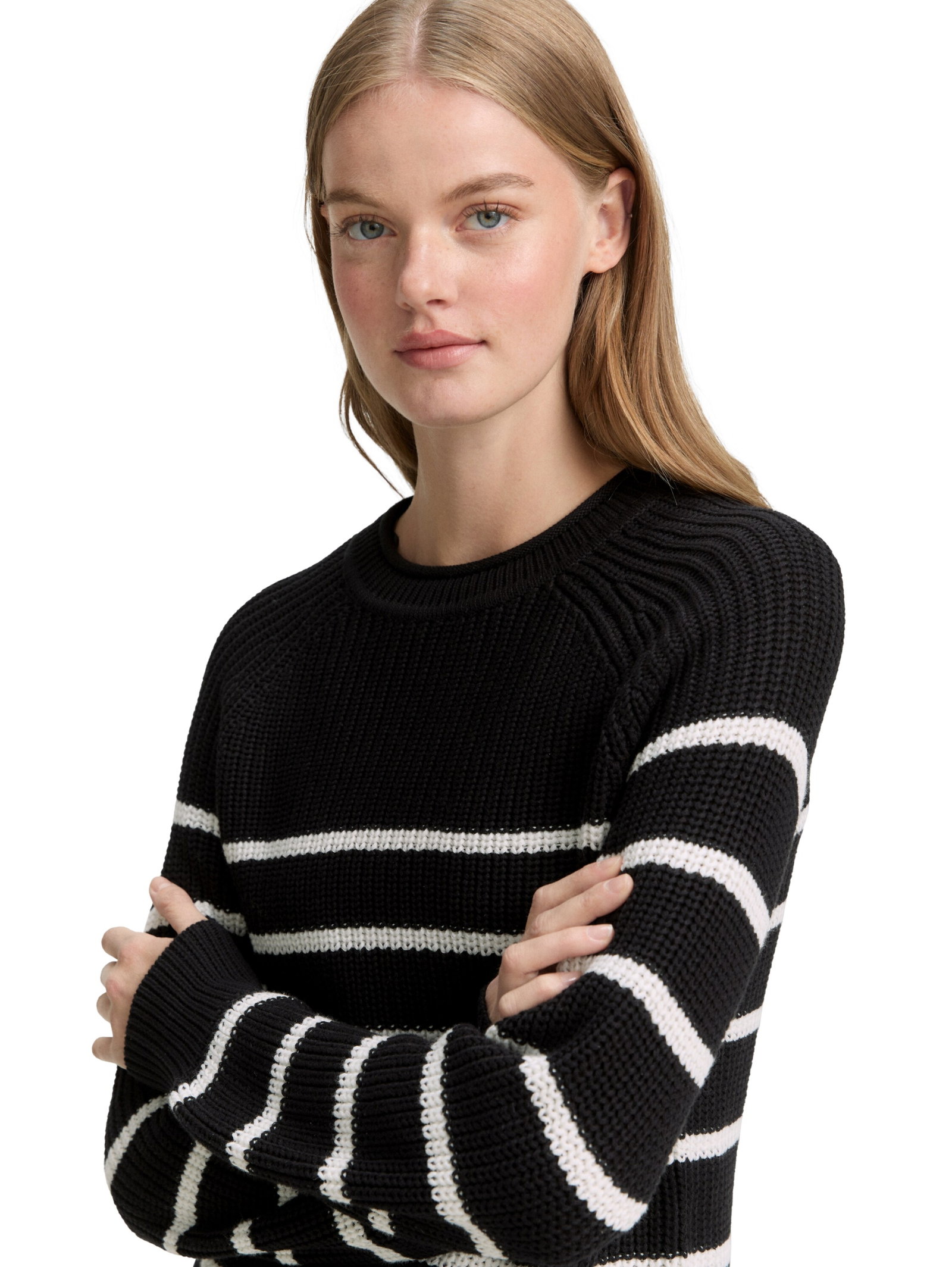 crew neck pullover, placed black white stripe #6
