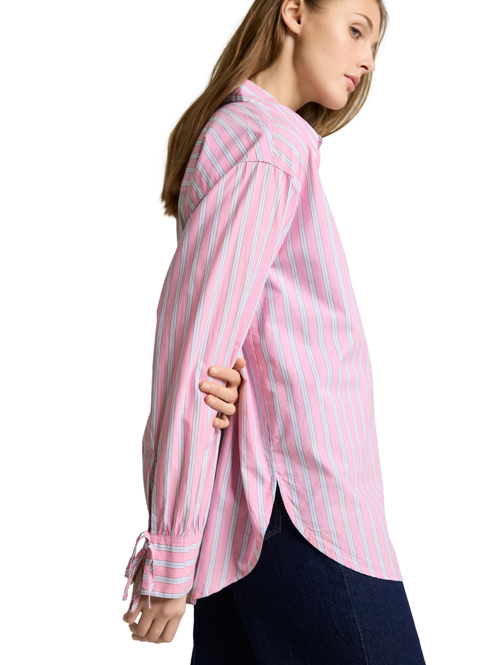 long poplin shirt, pink blue white stripe #6