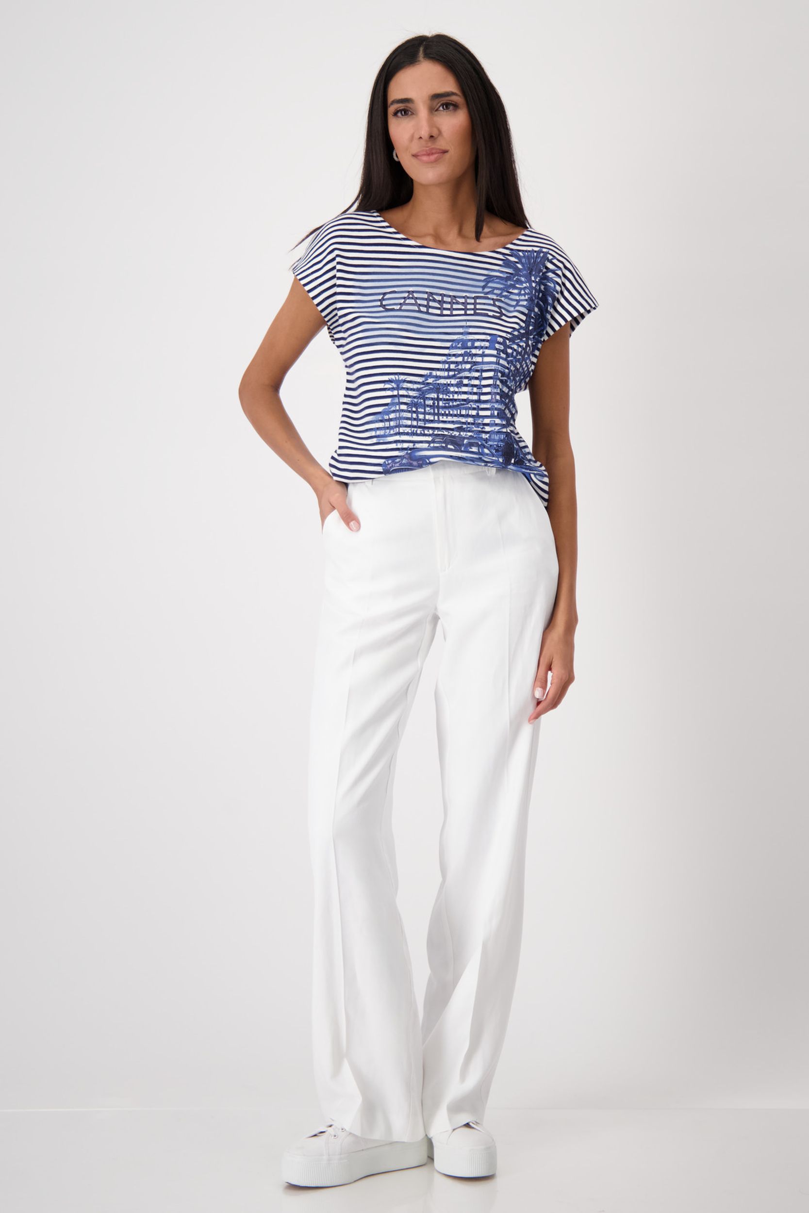 Monari |  T-Shirt, navy blue ringel | 40